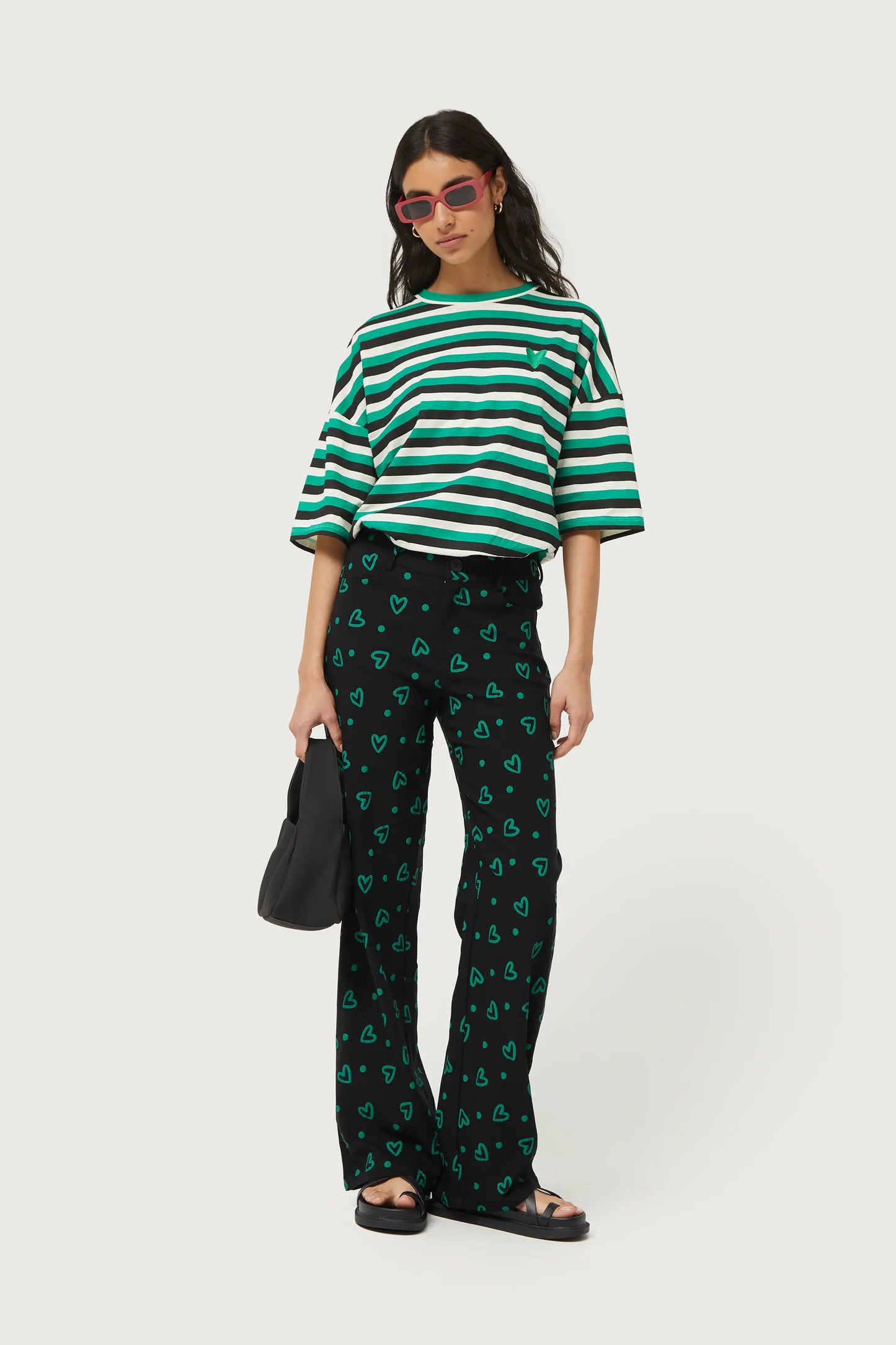 Straight pants with green heart print