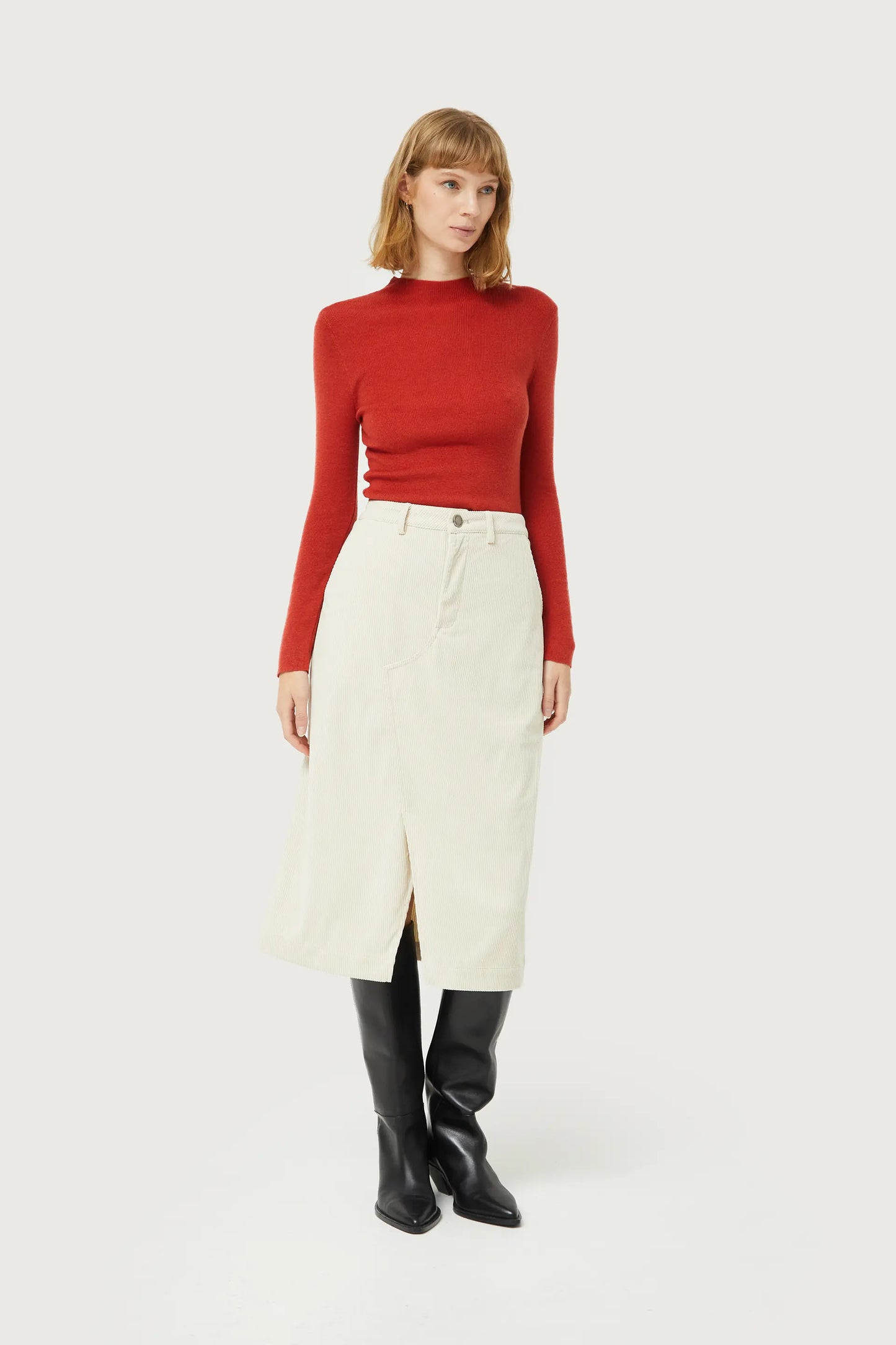 White corduroy midi skirt