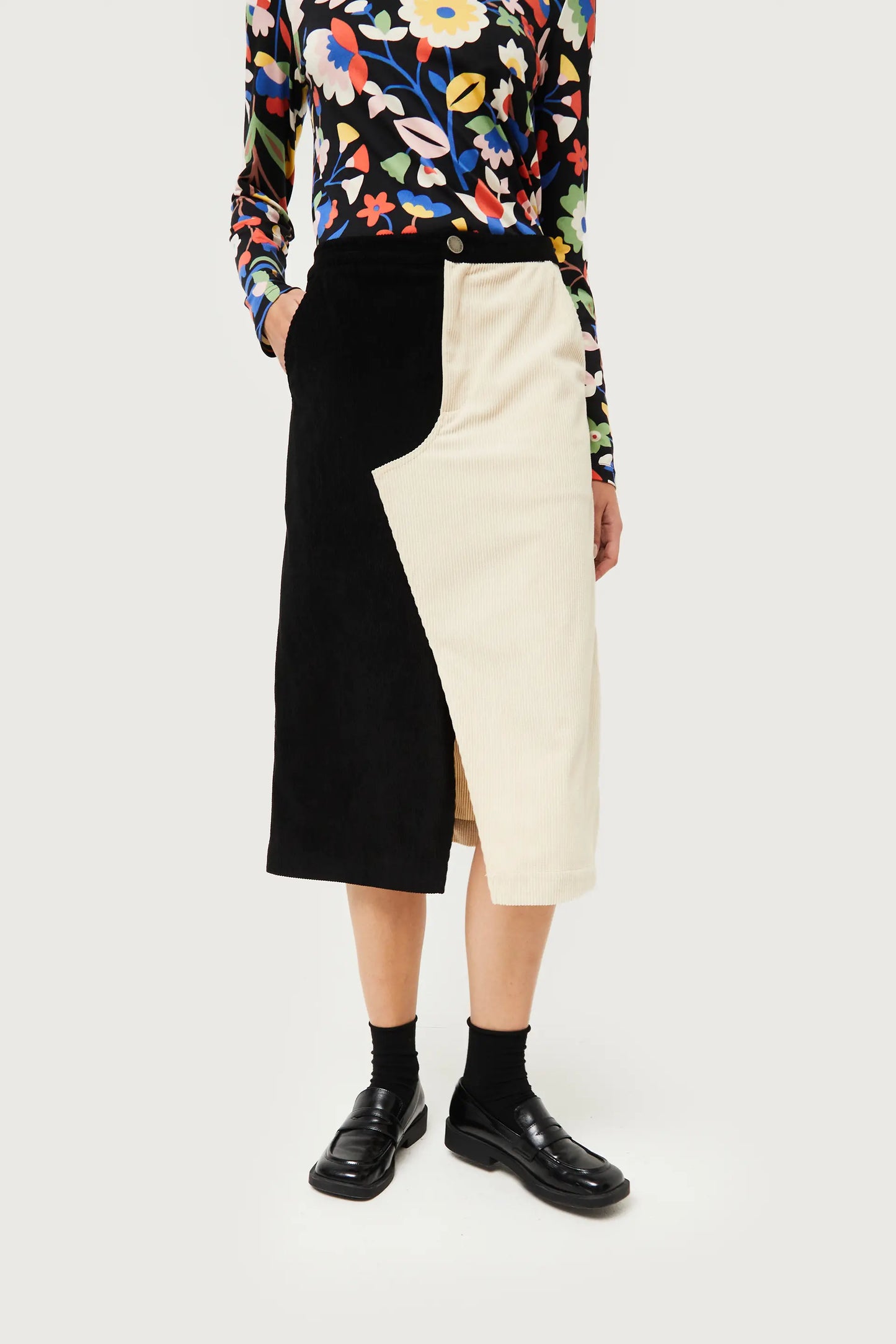 White and black corduroy midi skirt