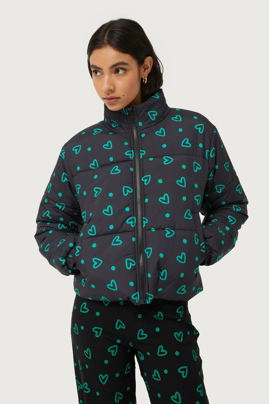 Green heart print padded coat