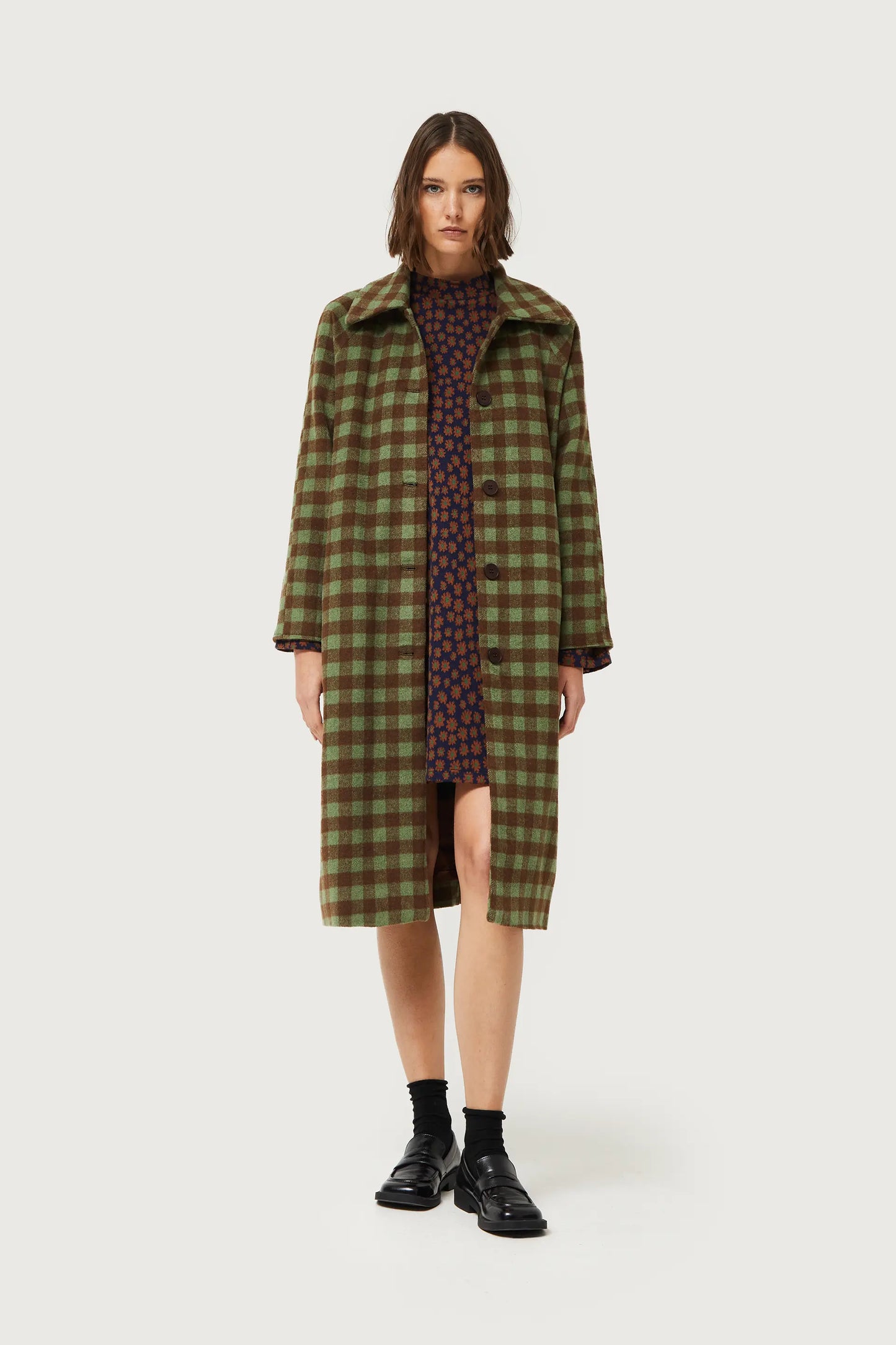 Green checked midi coat