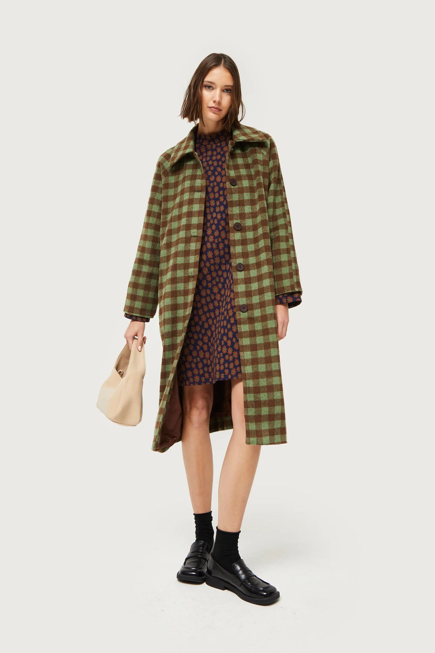 Green checked midi coat