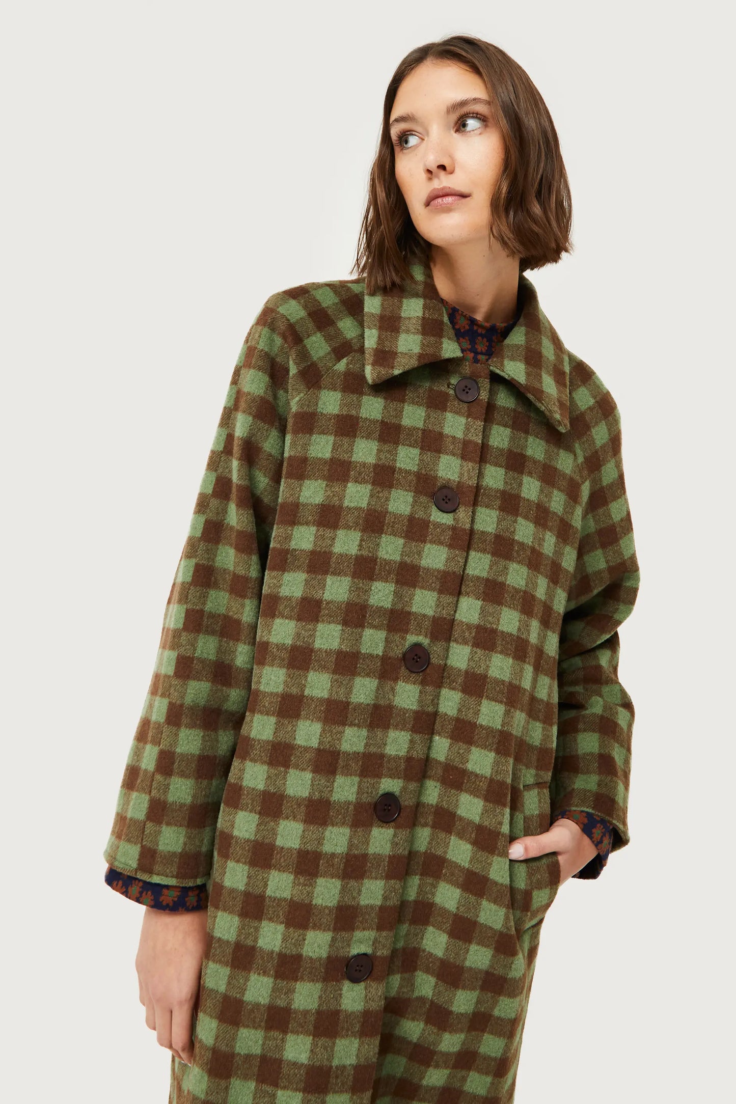 Green checked midi coat