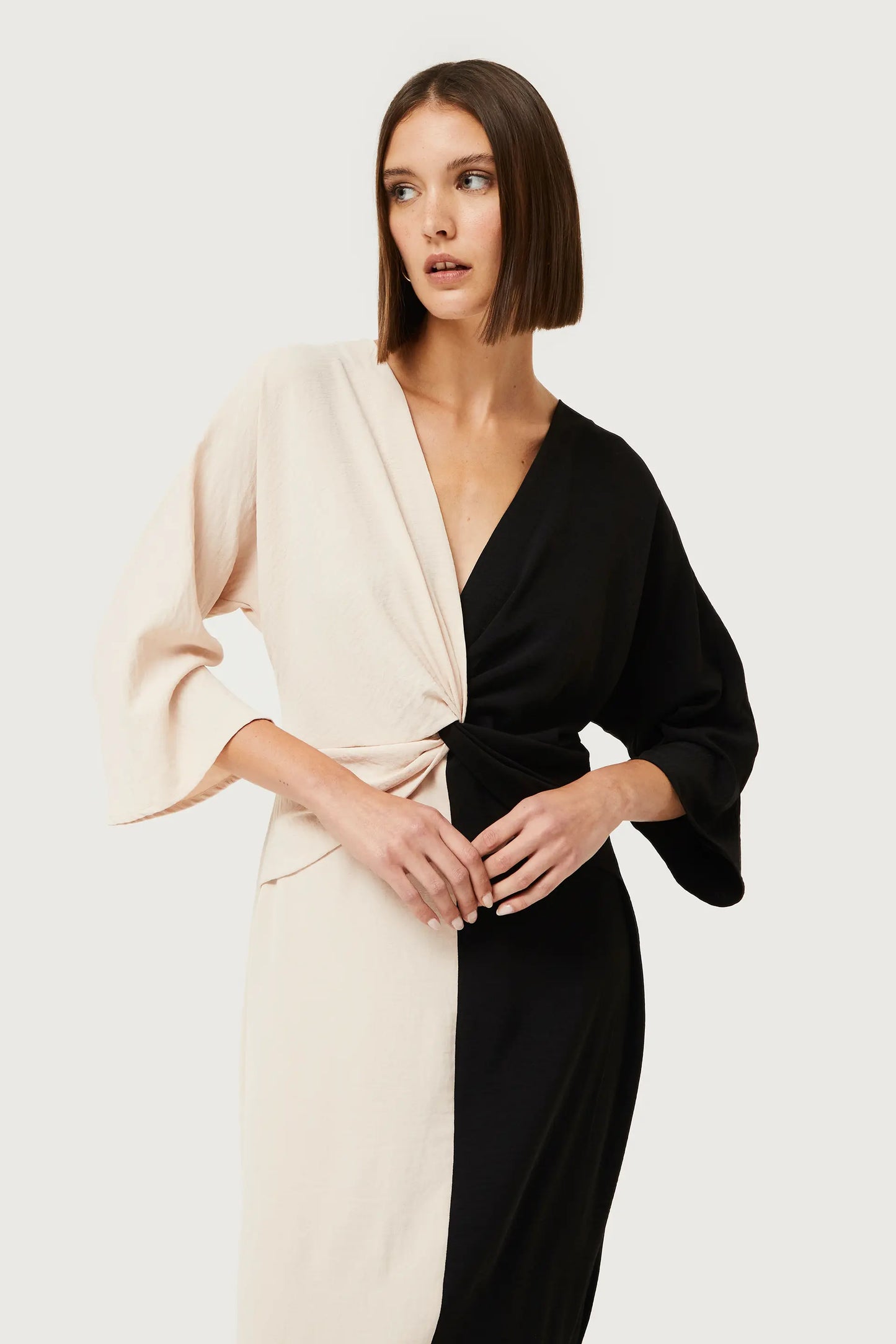 Long black and white draped dress