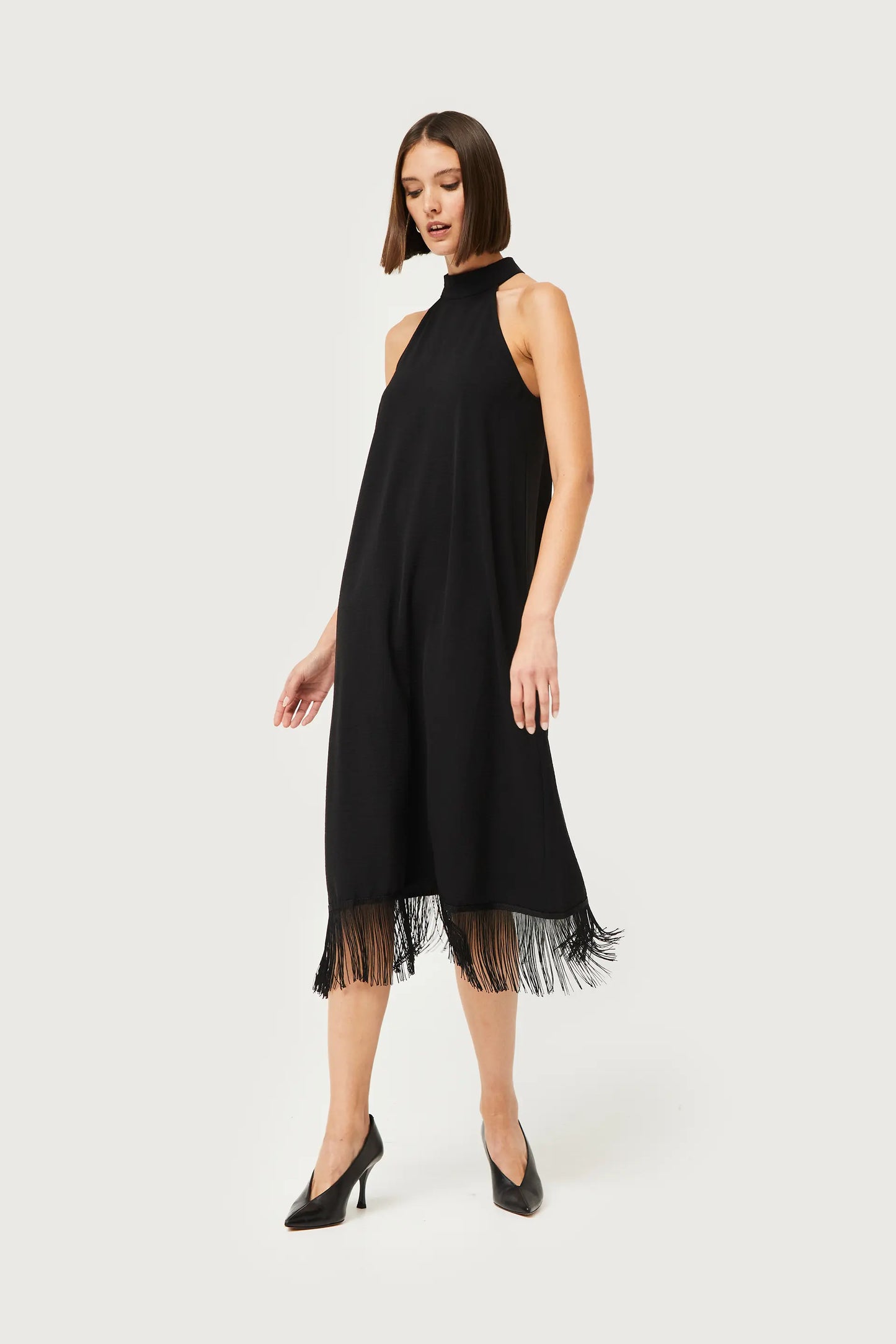 Black Fringe Halter Dress