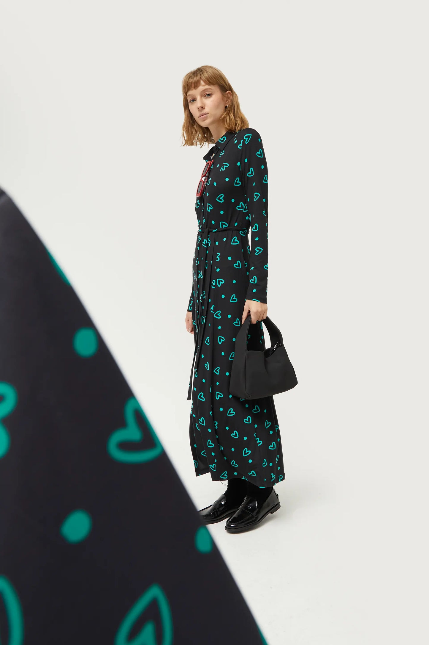 Long shirt dress with green heart print