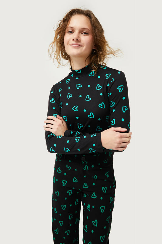 Green heart print fitted top