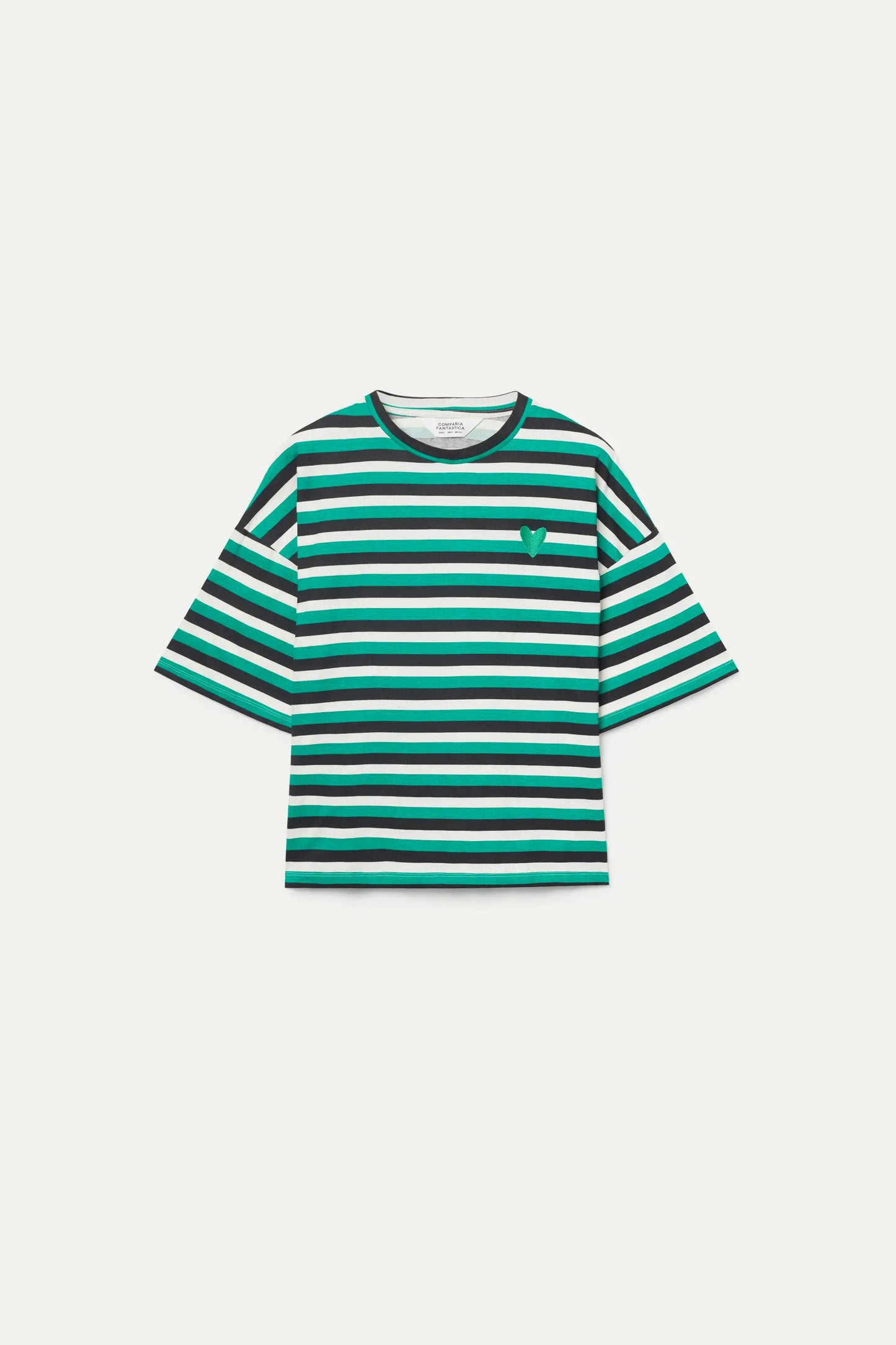 Striped T-shirt with green heart patch