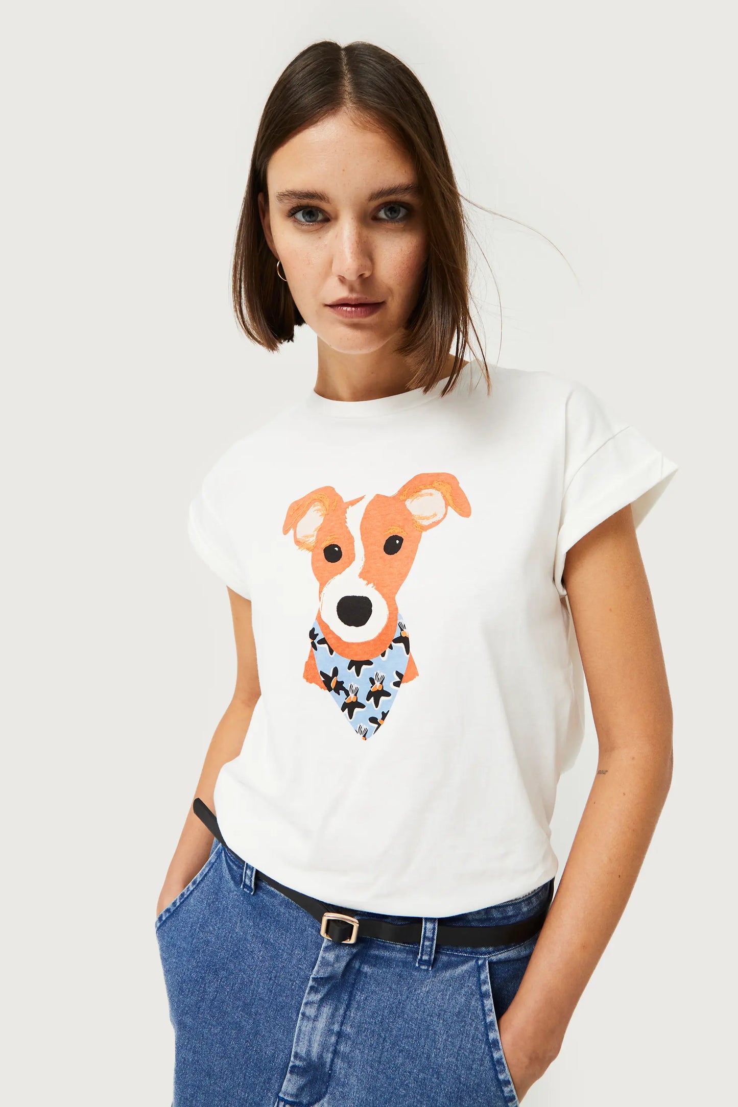 T-shirt with dog print floral print Calatea blue