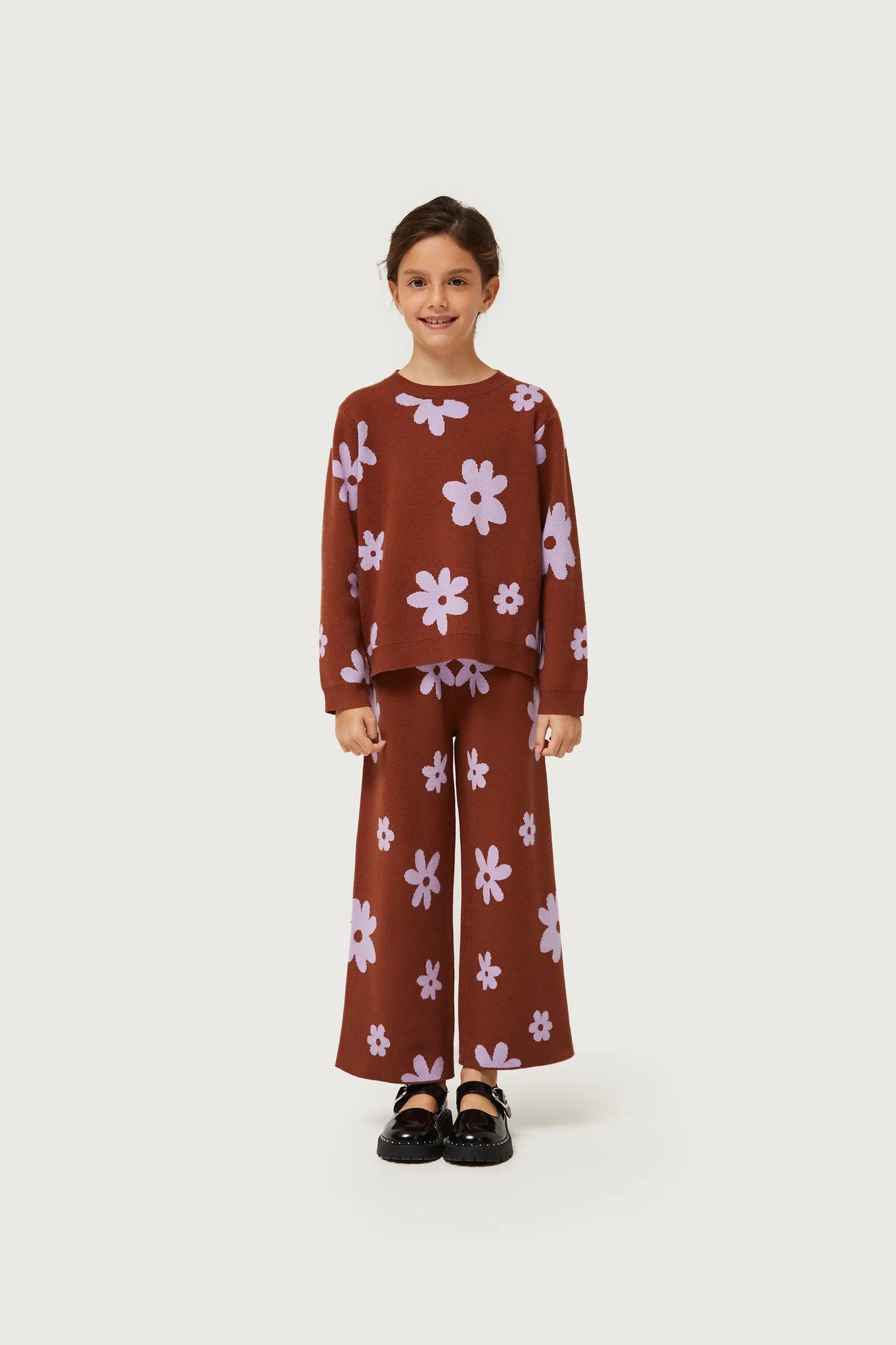 Girl's brown flower print knit pants