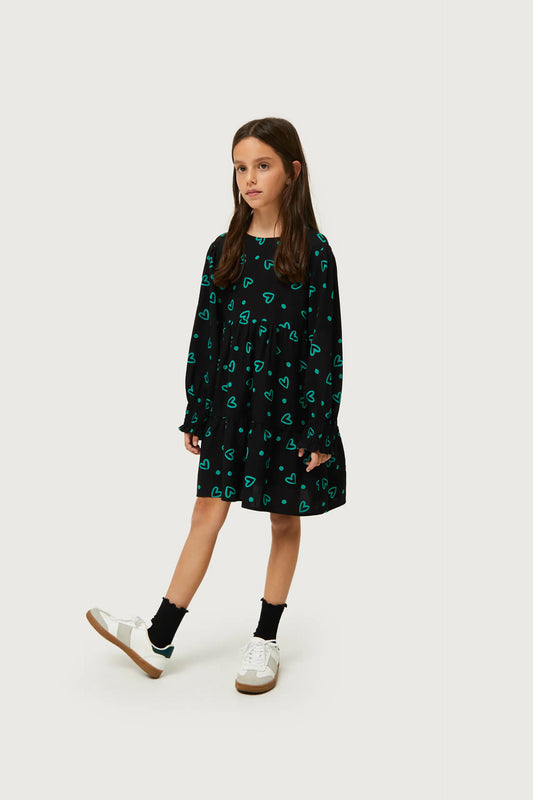 Vestido corto de niña estampado de corazones verdes