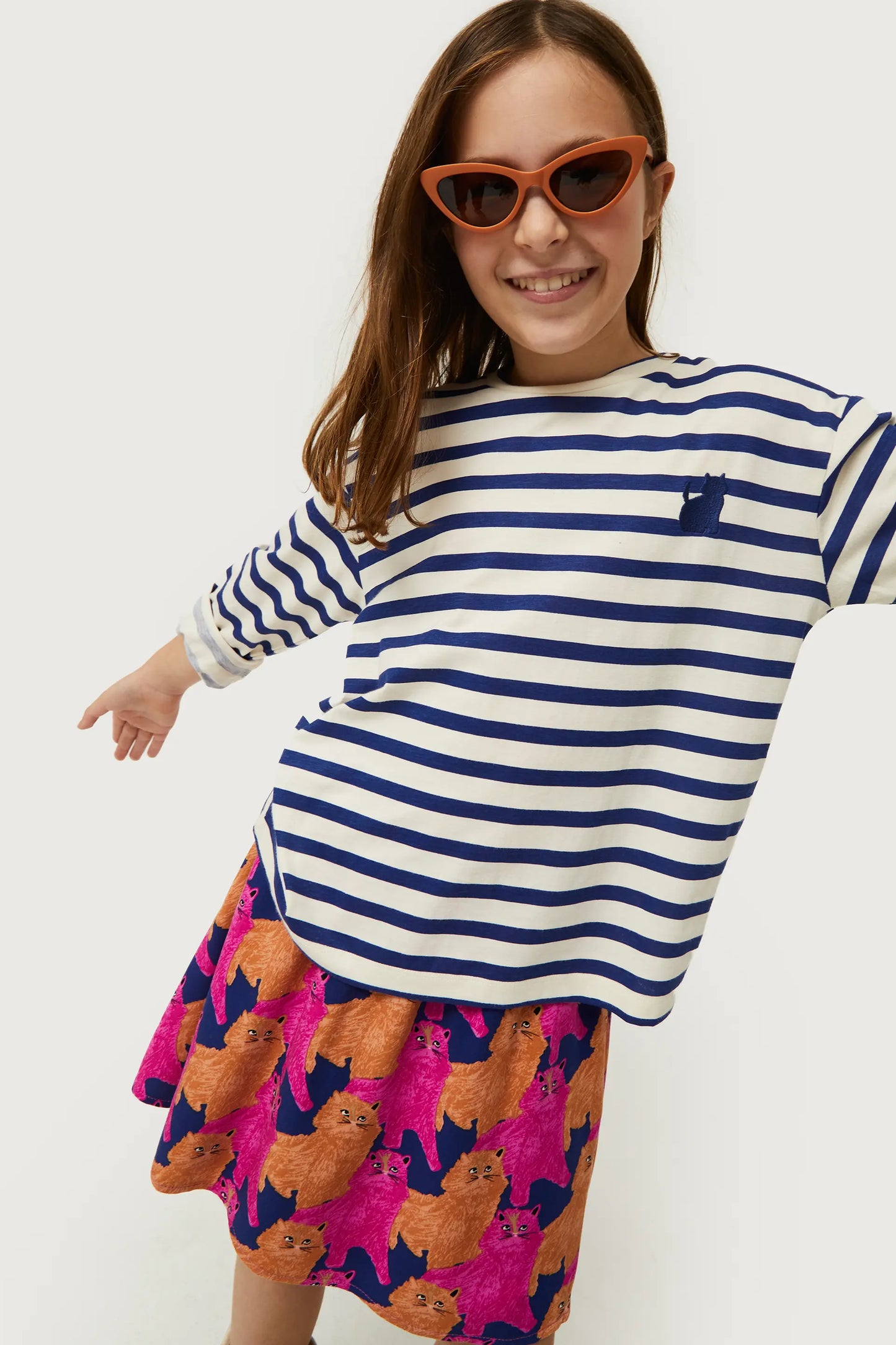 Girl's striped t-shirt with cat patch