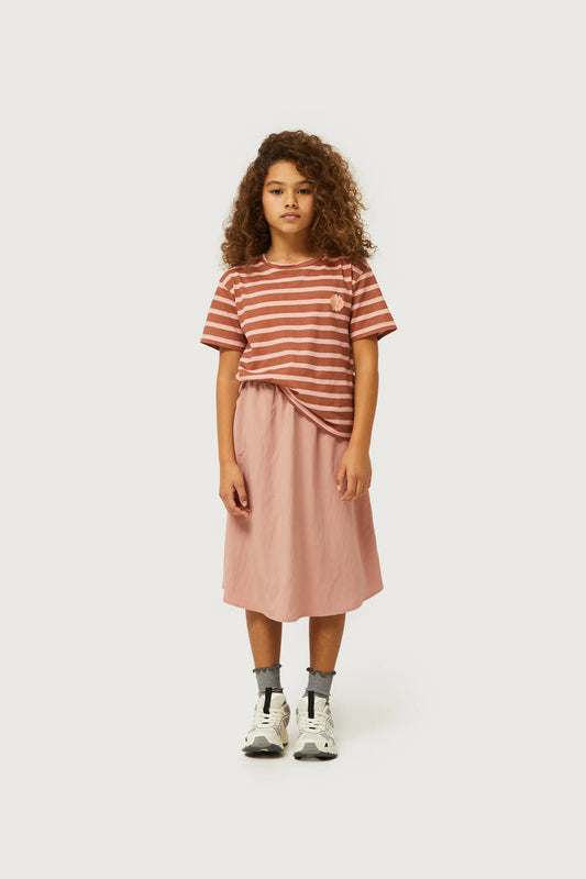 T-shirt da bambina a righe con patch fiore marrone