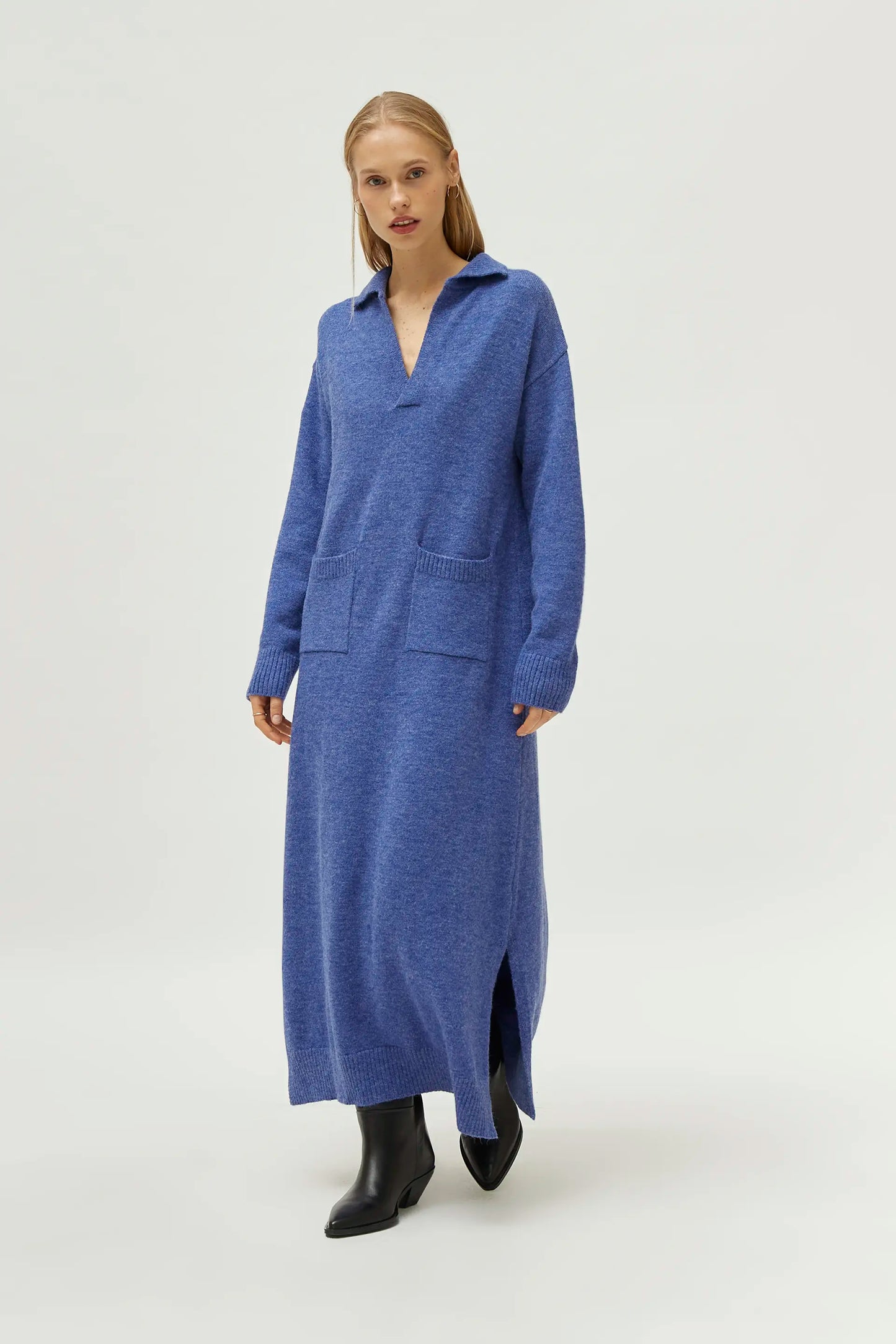 Blue Polo Neck Knitted Midi Dress