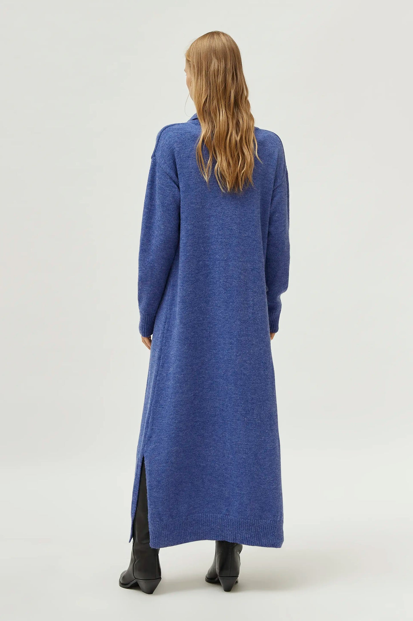 Blue Polo Neck Knitted Midi Dress