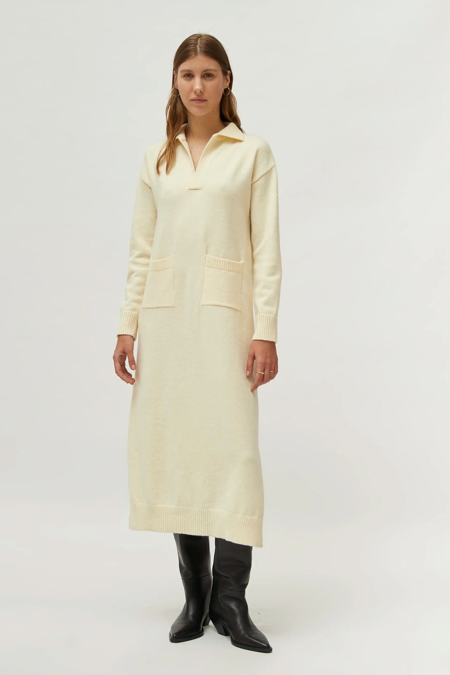 White Polo Neck Knitted Midi Dress