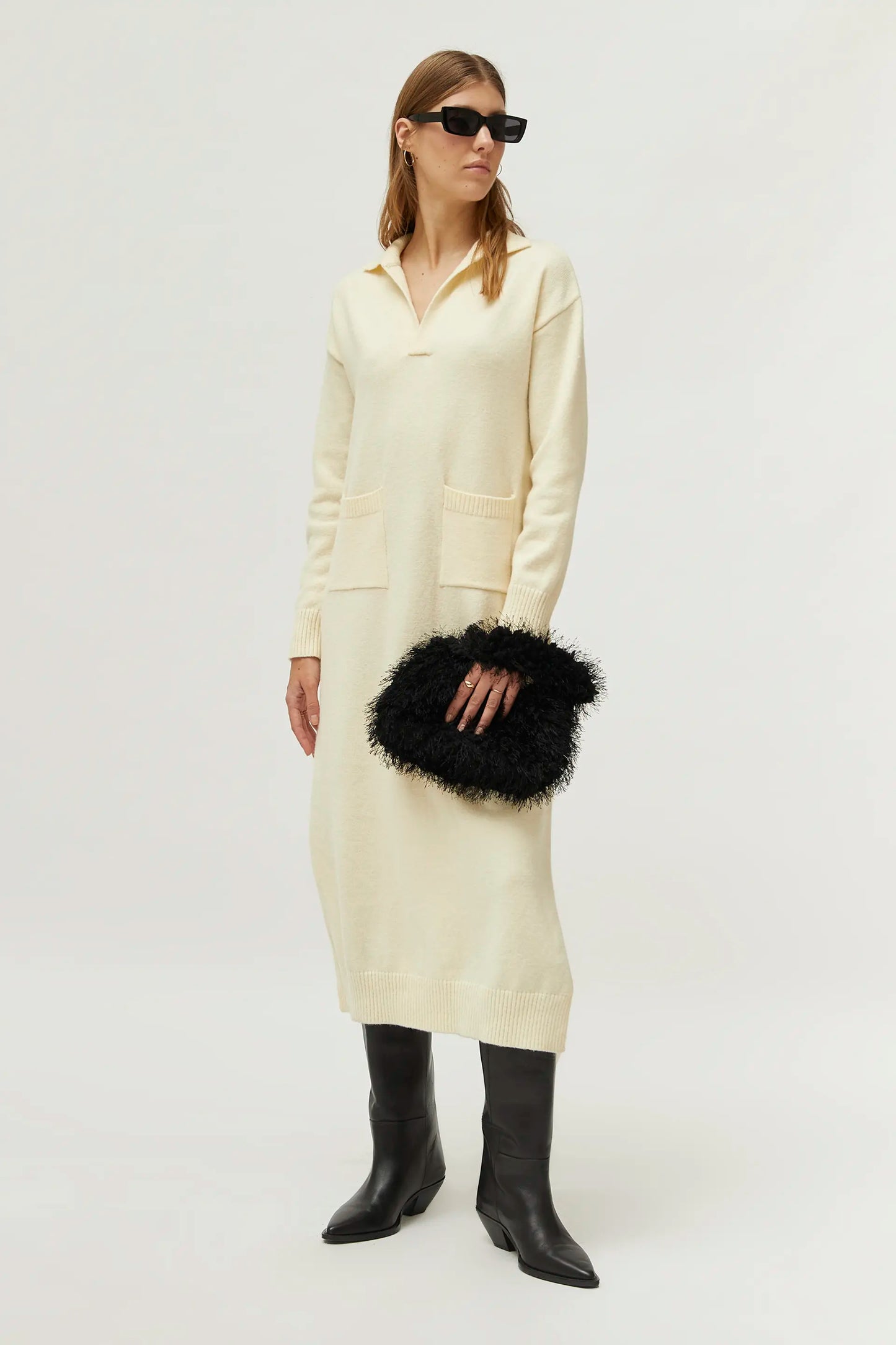 White Polo Neck Knitted Midi Dress