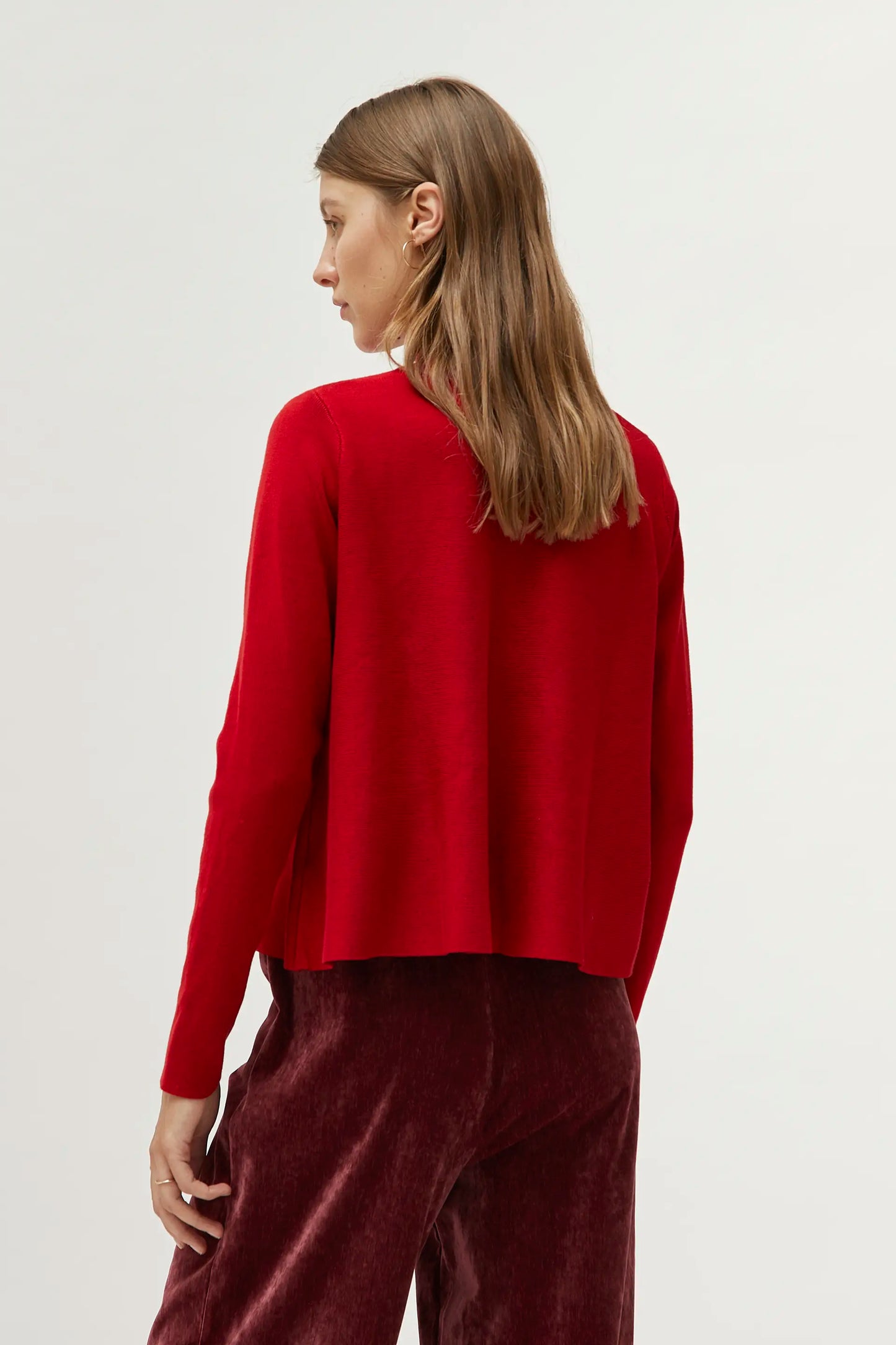 Red mock neck flared sweater