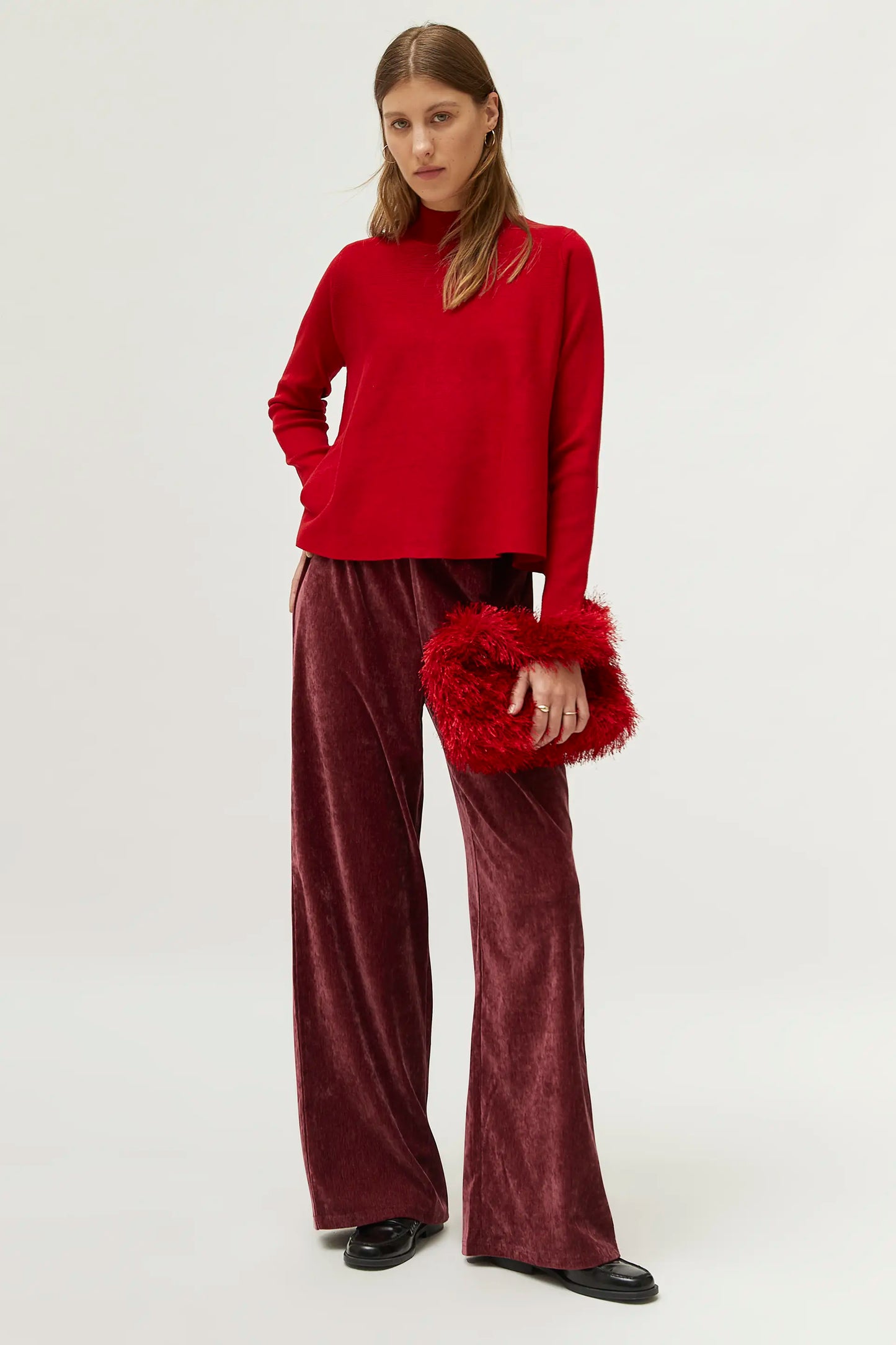 Red mock neck flared sweater