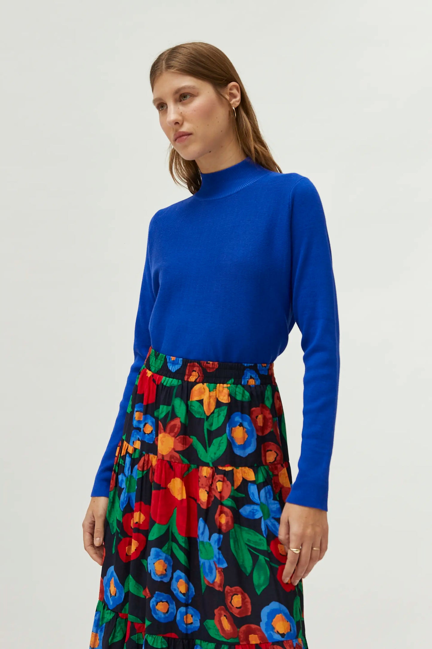 Blue mock neck flared sweater