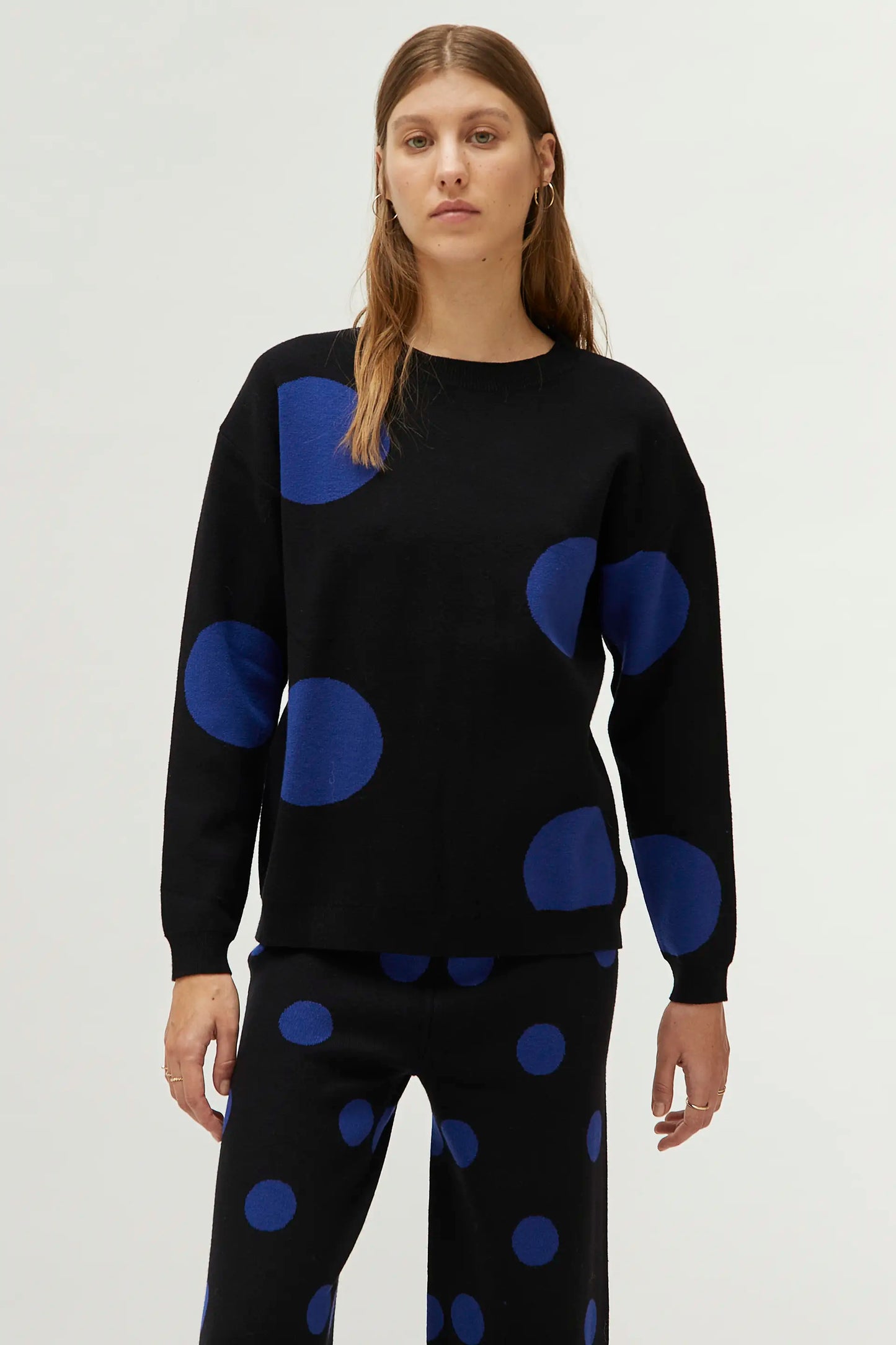 Blue polka dot printed jacquard knit sweater