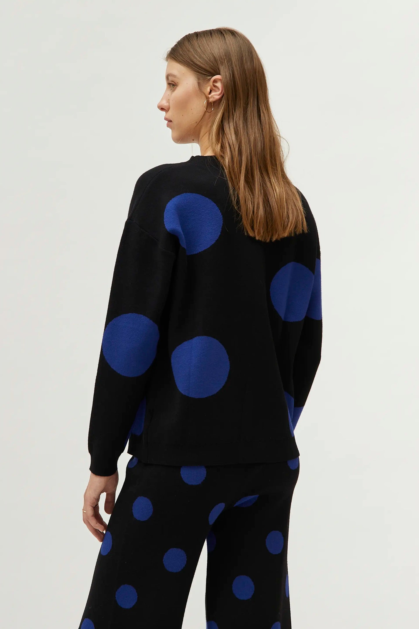 Blue polka dot printed jacquard knit sweater