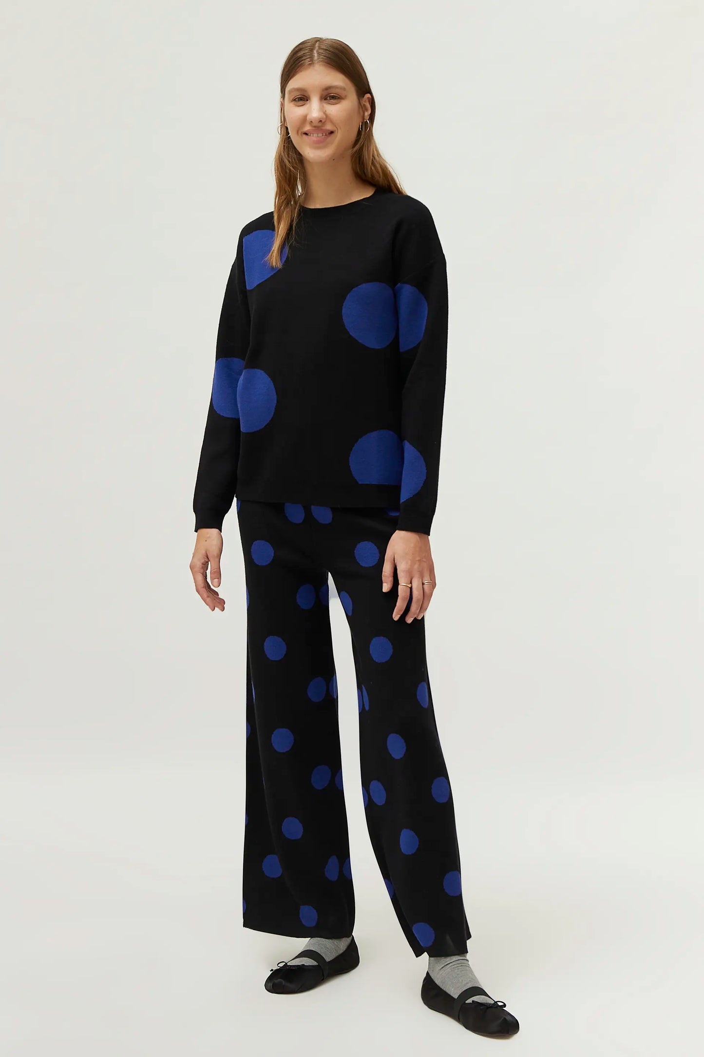 Blue polka dot printed jacquard knit sweater