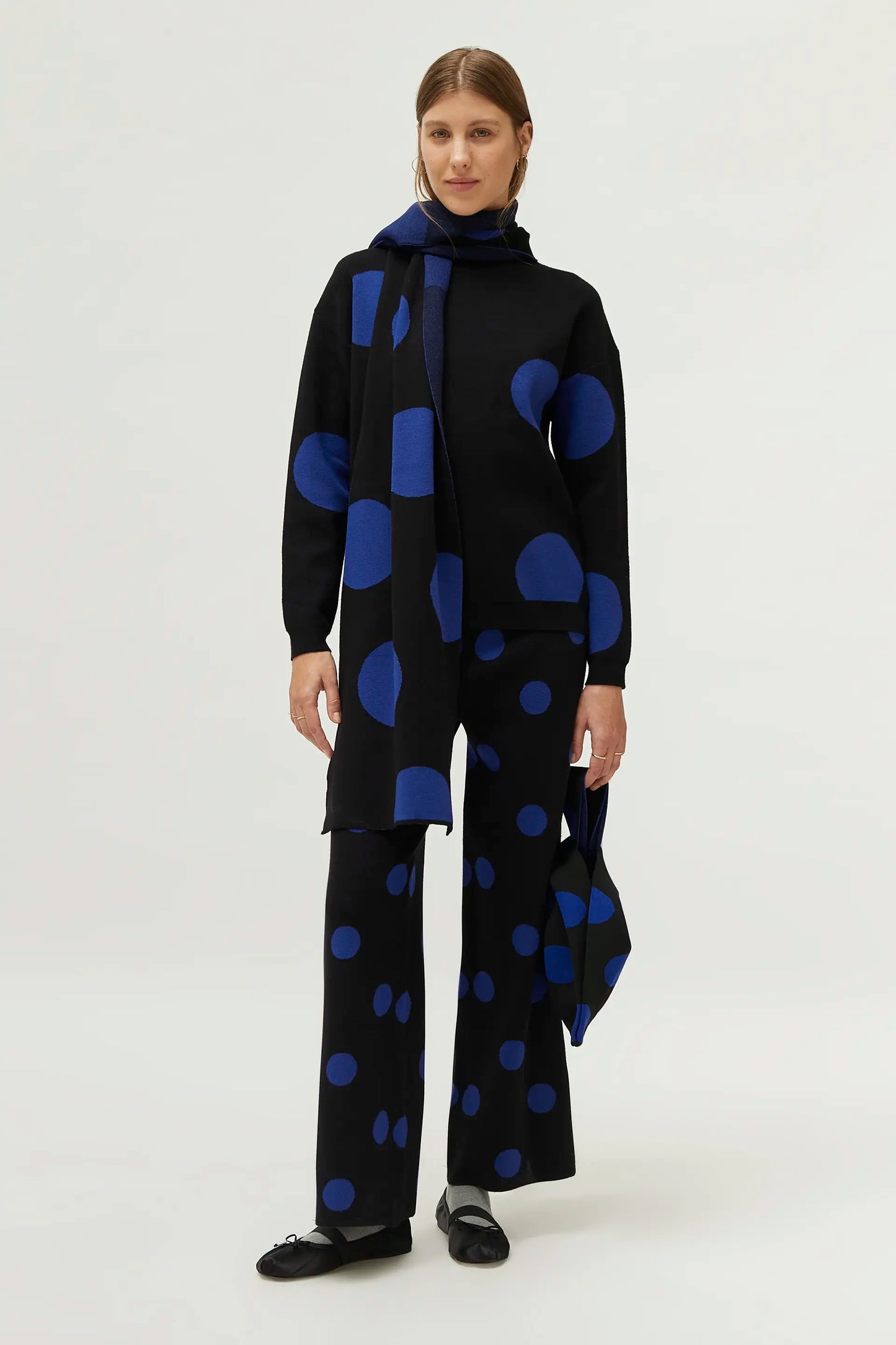 Blue polka dot printed jacquard knit sweater