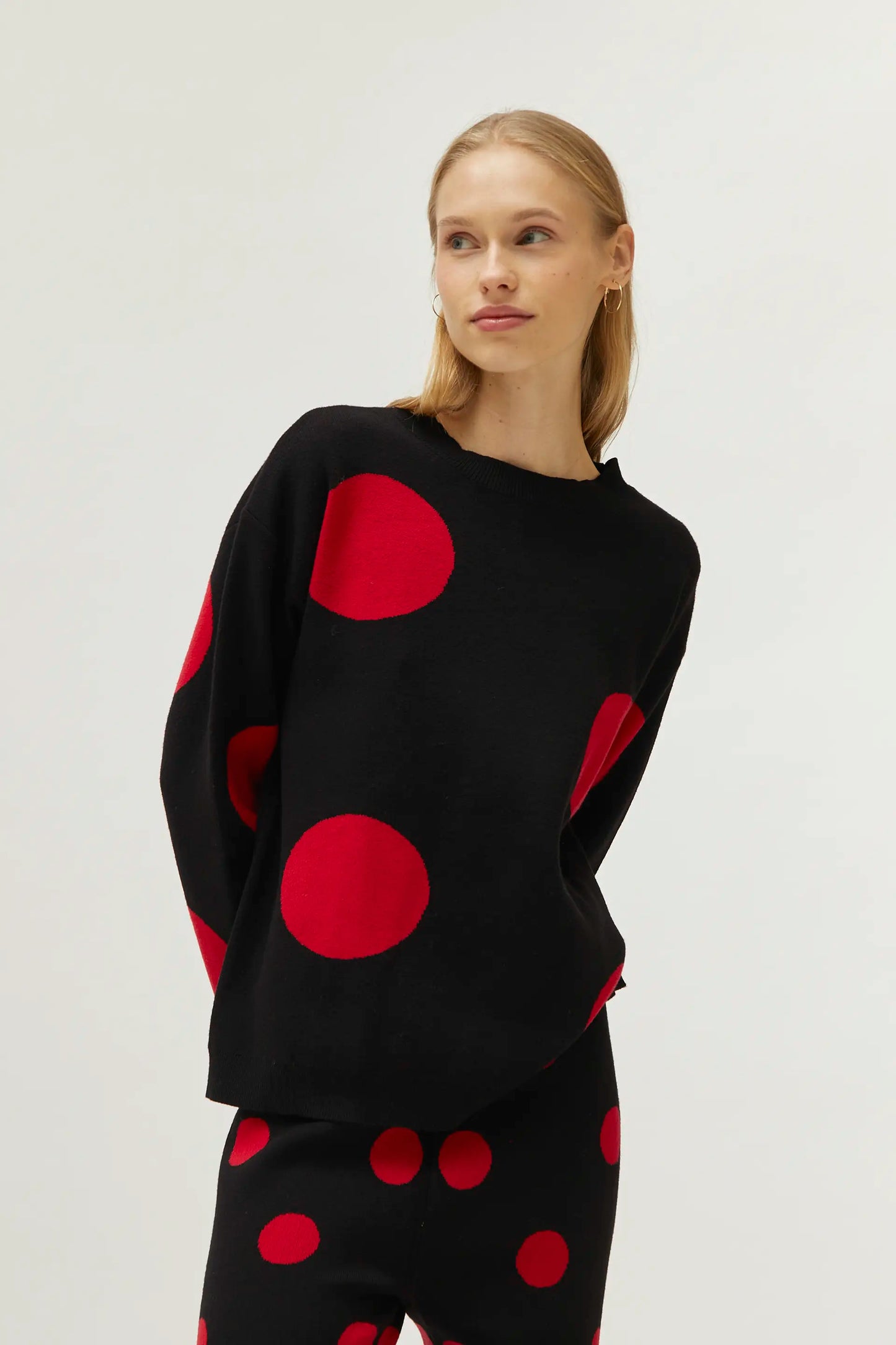 Red polka dot printed jacquard knit sweater