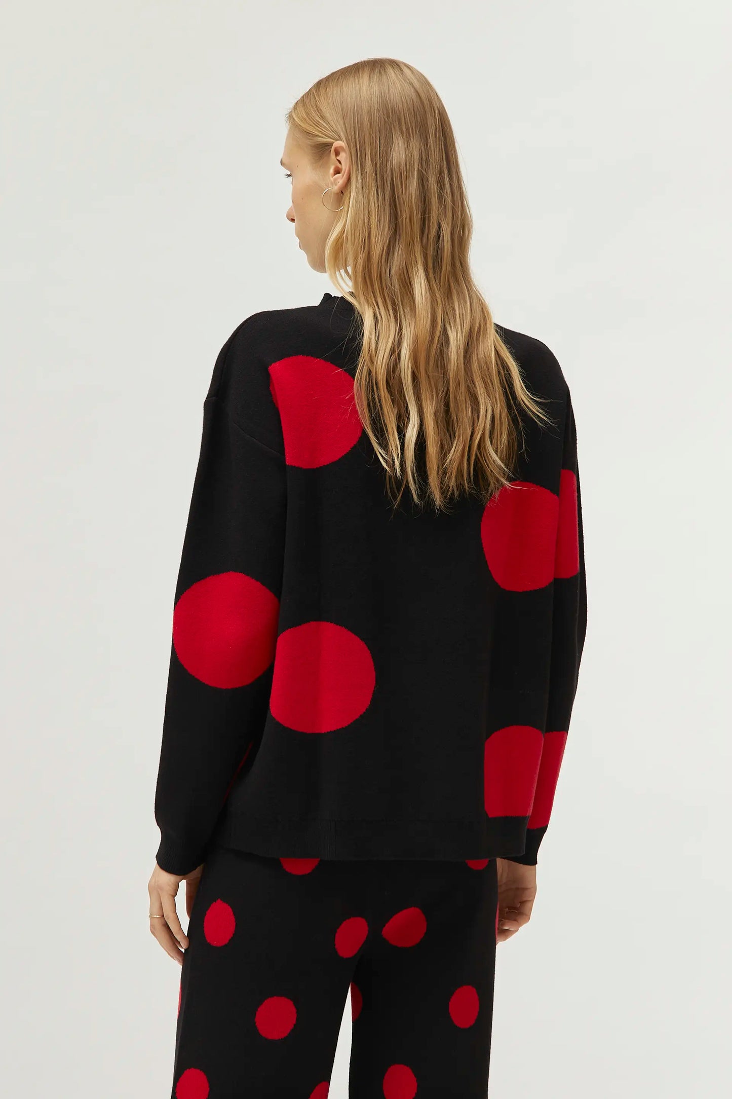 Red polka dot printed jacquard knit sweater