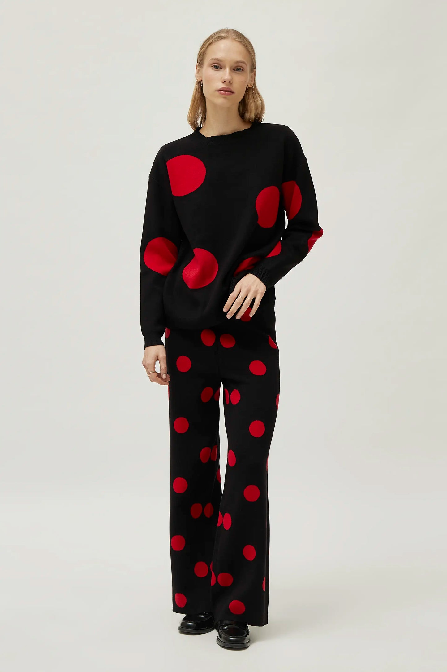 Red polka dot printed jacquard knit sweater