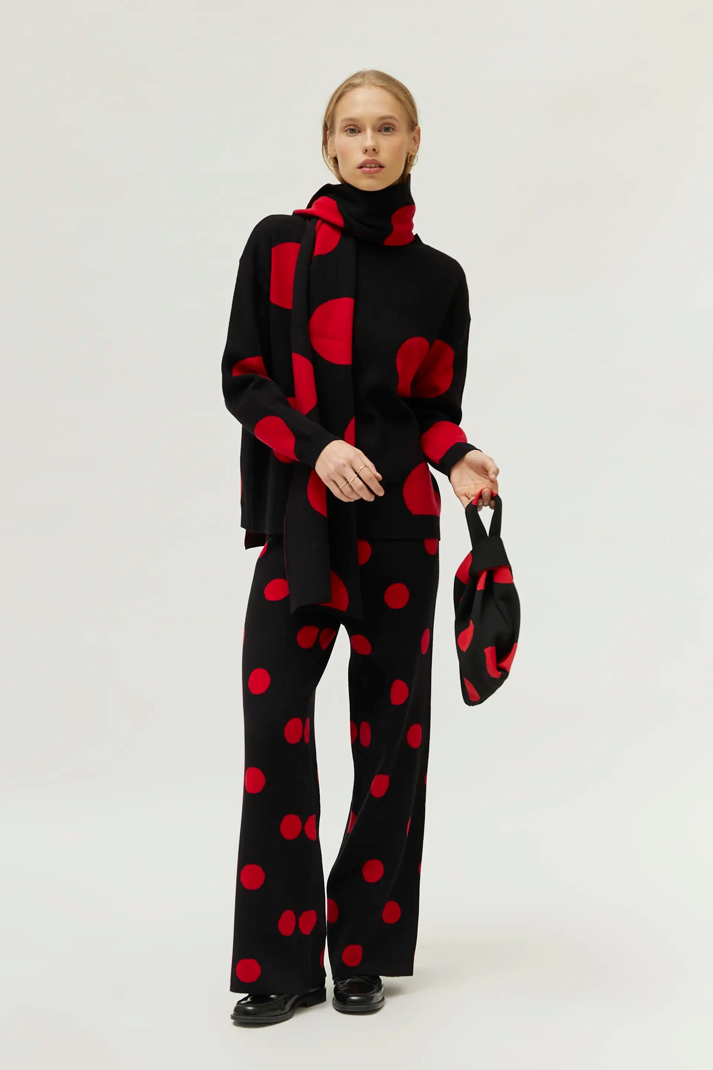 Red polka dot printed jacquard knit sweater