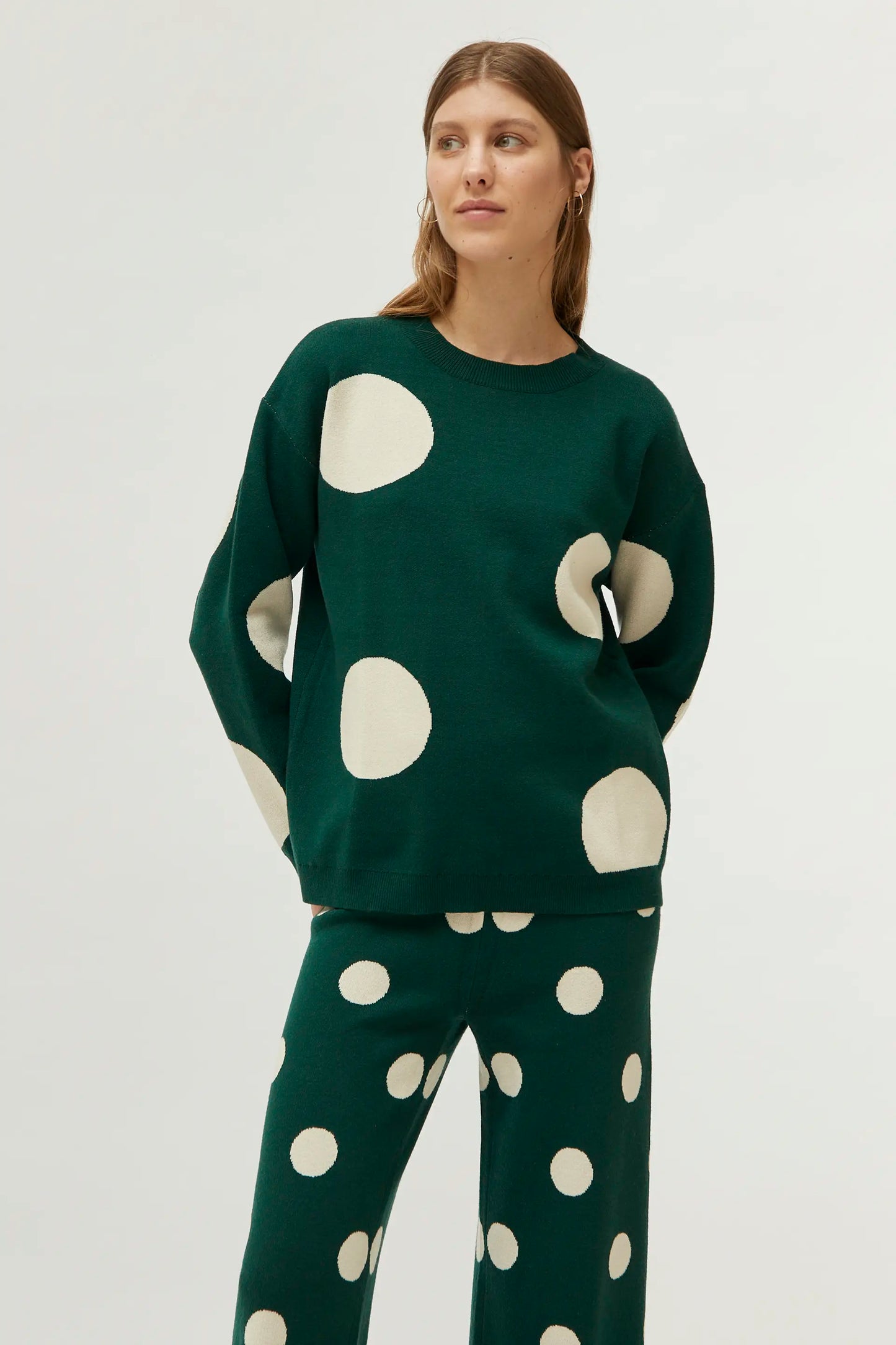 White polka dot printed jacquard knit sweater