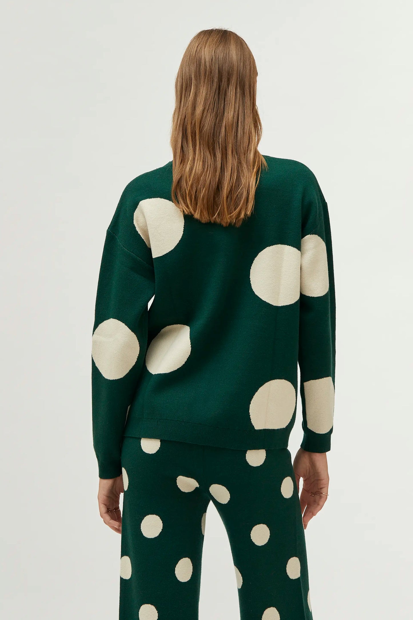 White polka dot printed jacquard knit sweater