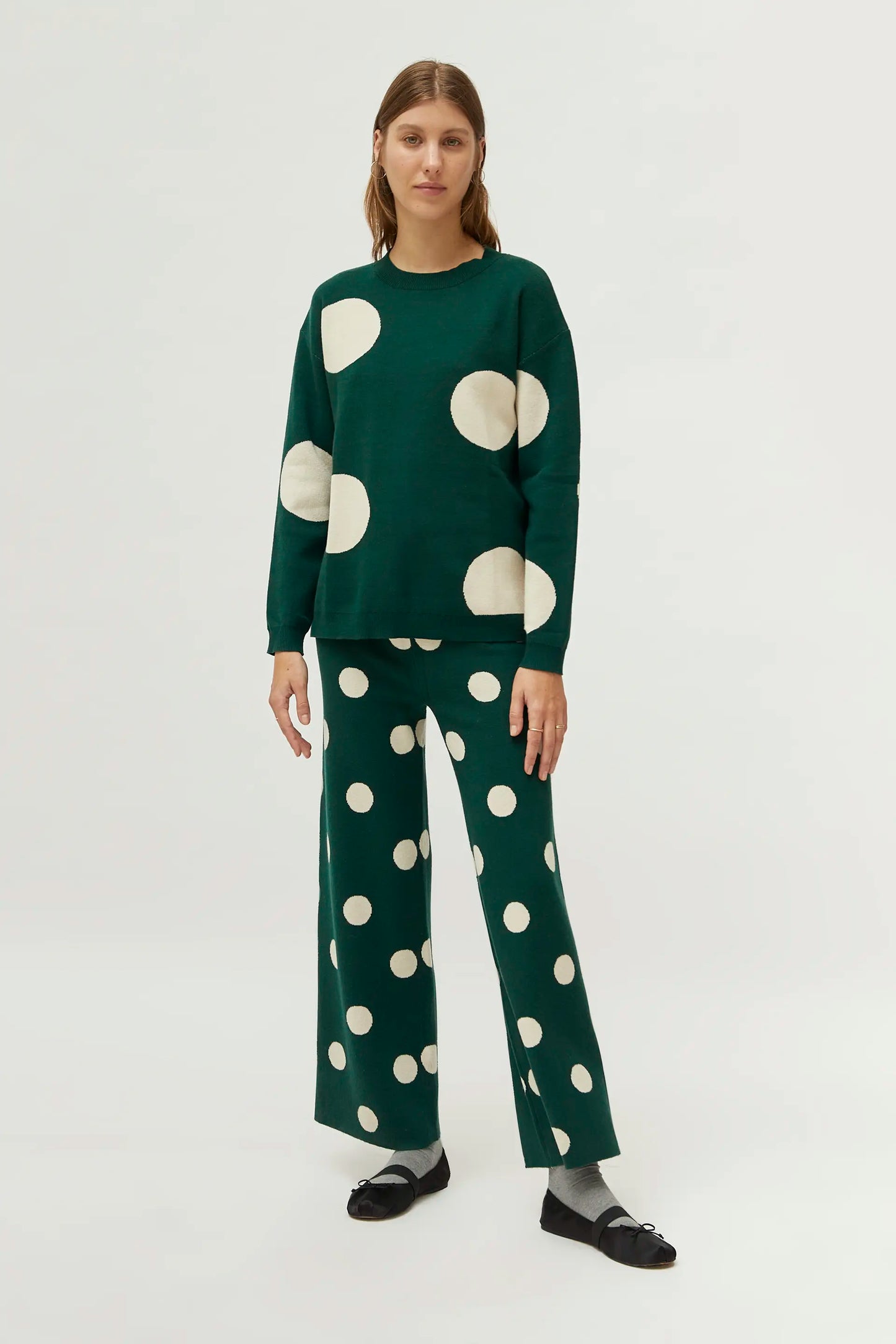 White polka dot printed jacquard knit sweater