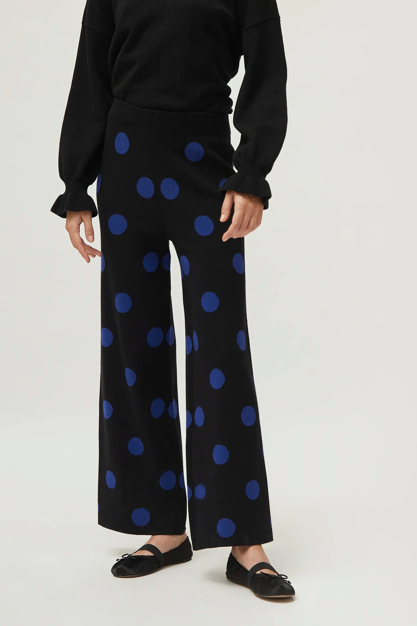 Blue polka dot printed jacquard knit pants