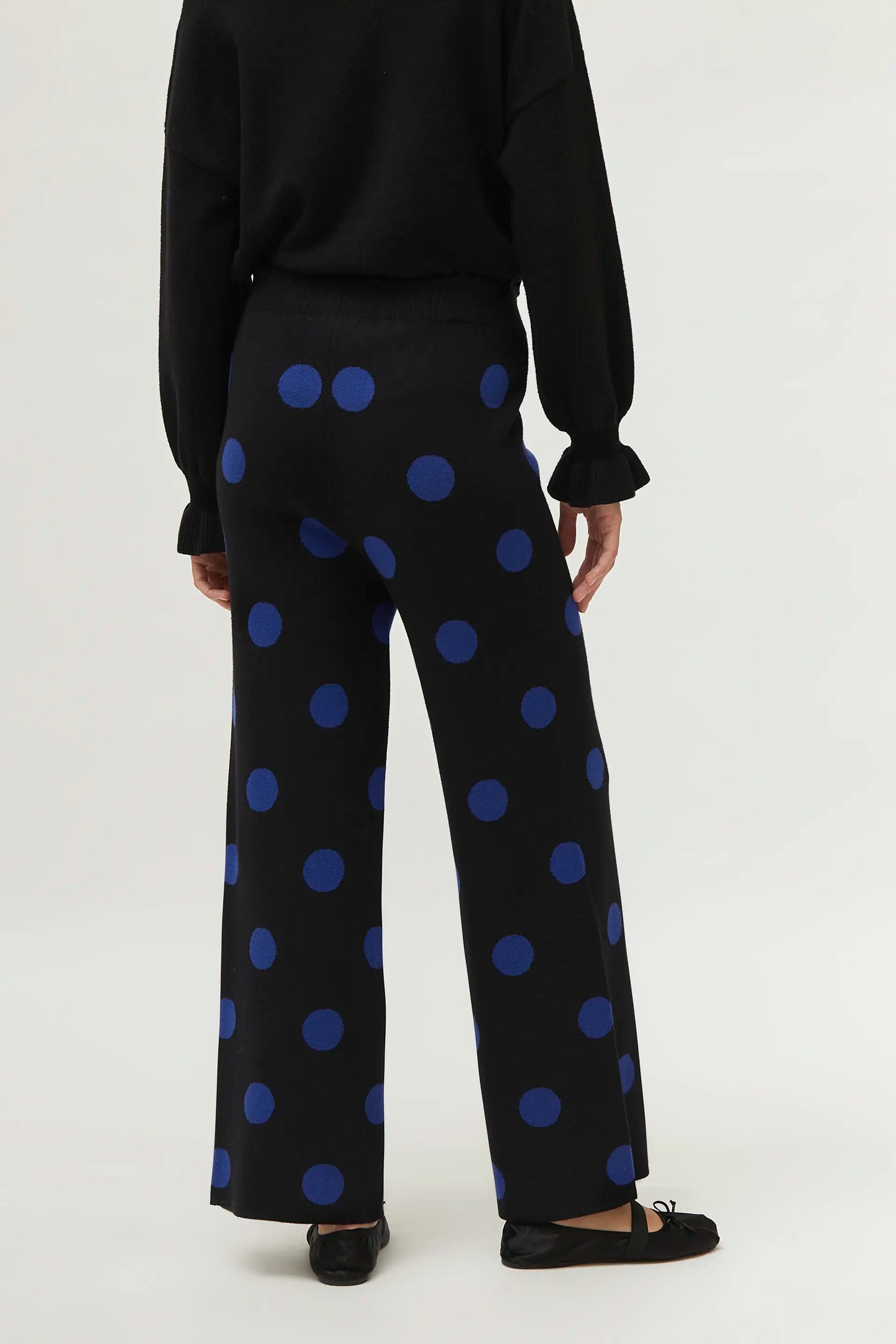 Blue polka dot printed jacquard knit pants