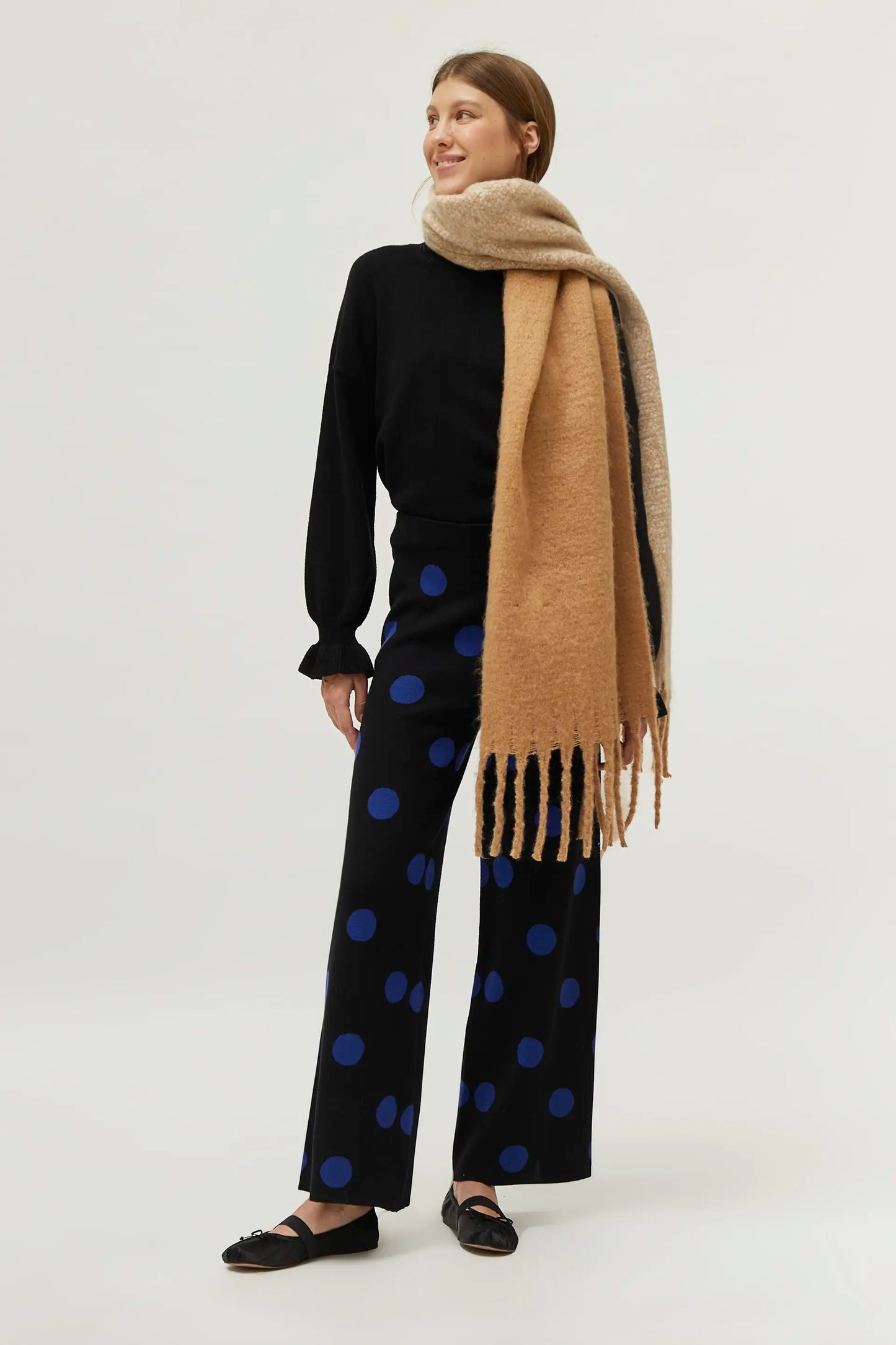 Blue polka dot printed jacquard knit pants