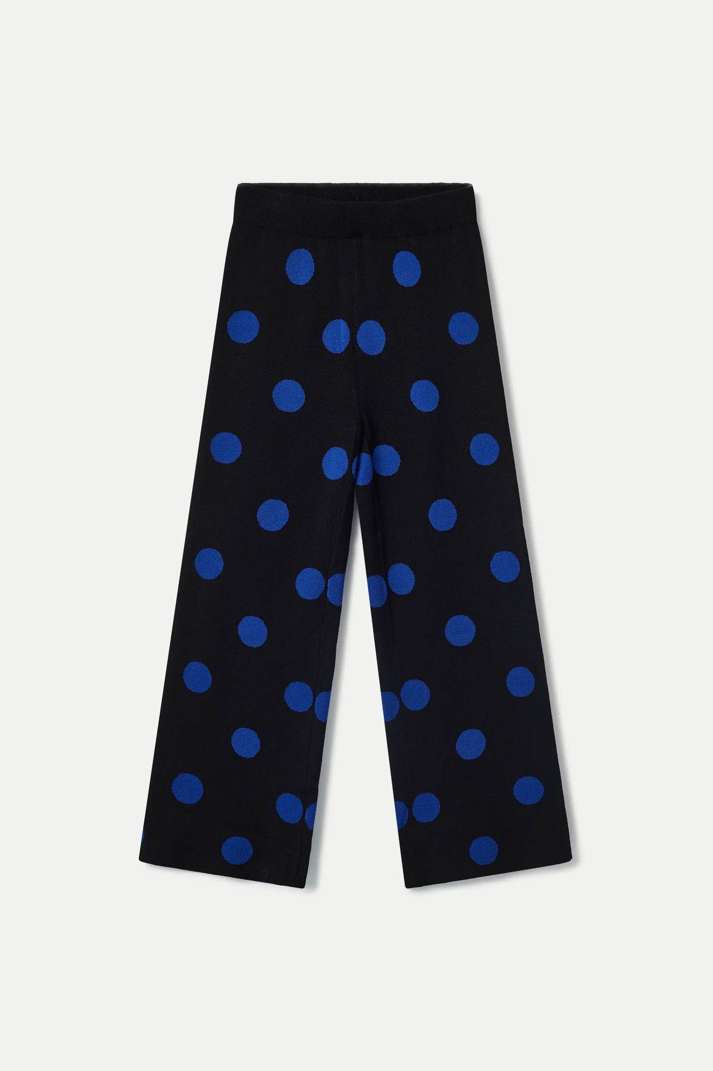 Blue polka dot printed jacquard knit pants