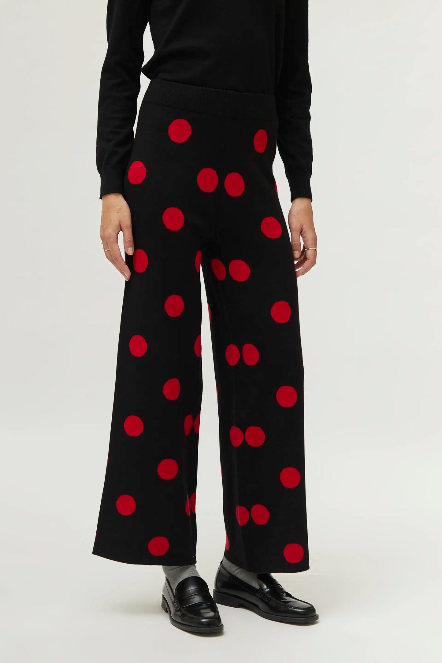 Red polka dot printed jacquard knit pants