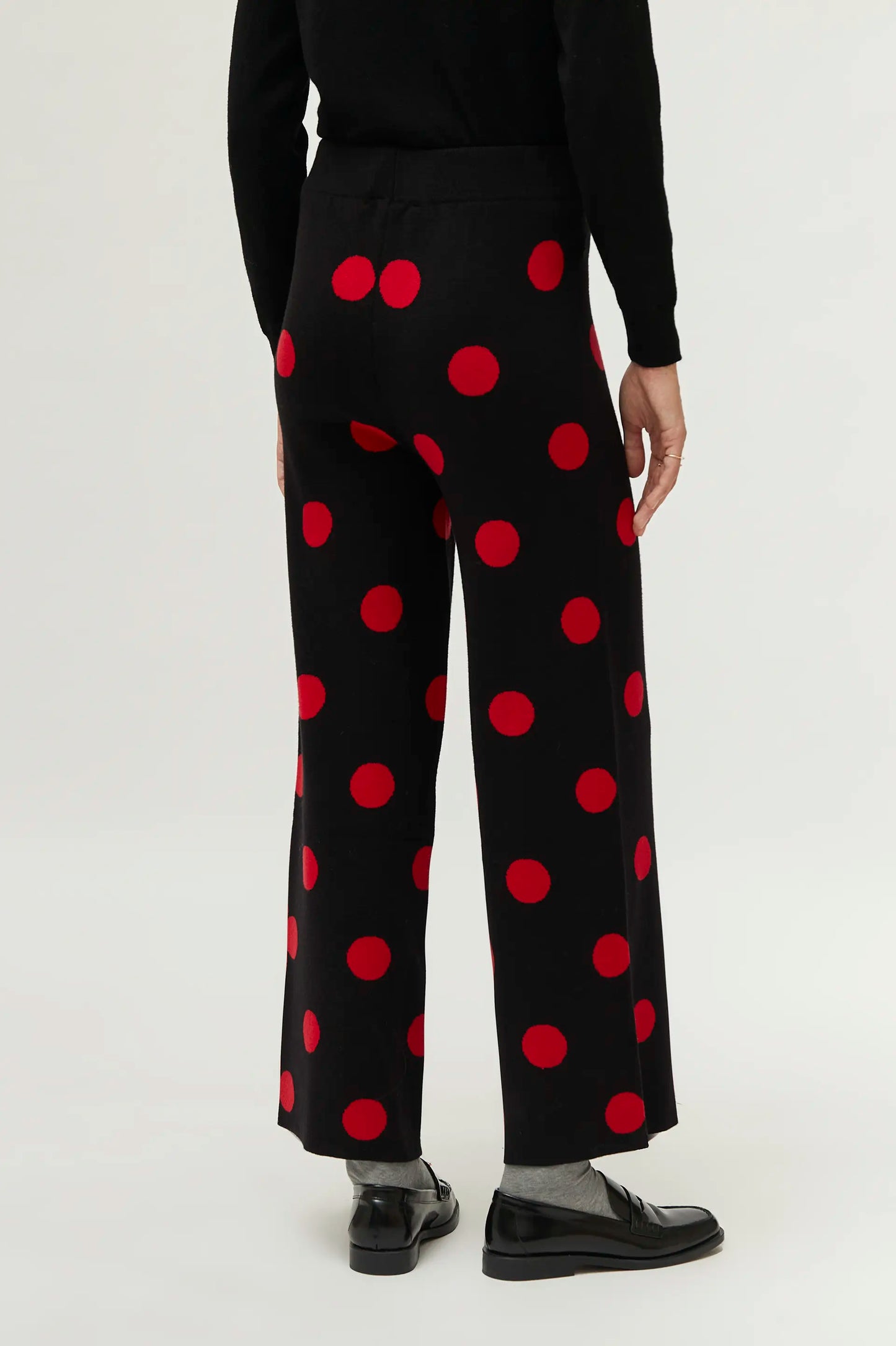 Red polka dot printed jacquard knit pants