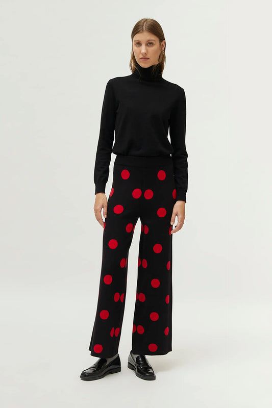 Red polka dot printed jacquard knit pants