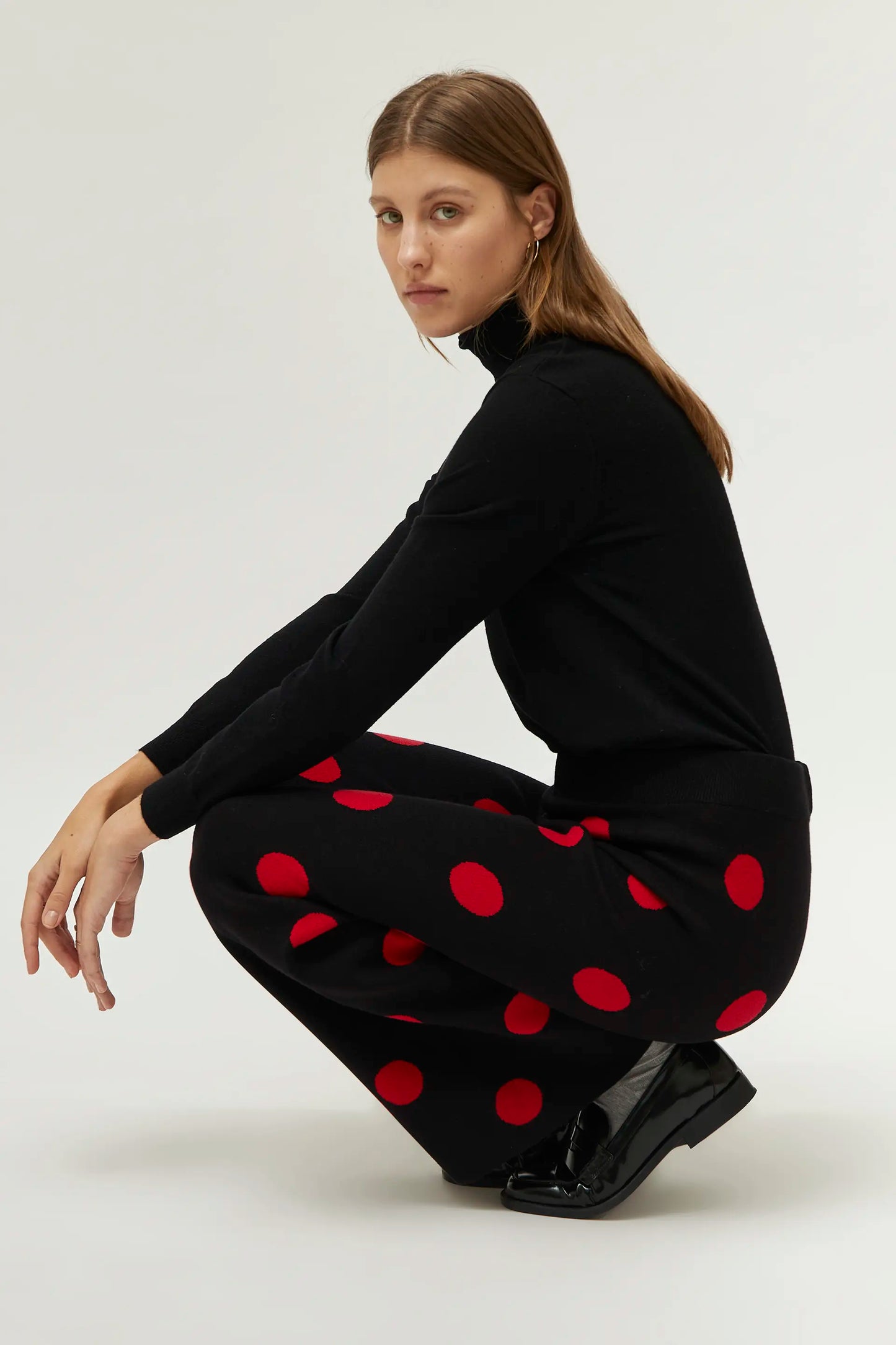 Red polka dot printed jacquard knit pants