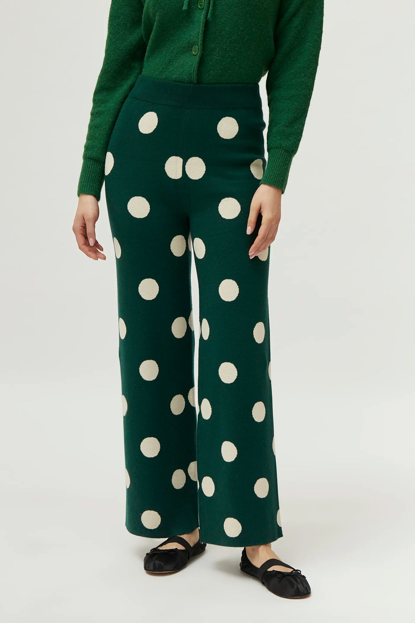 White polka dot printed jacquard knit pants