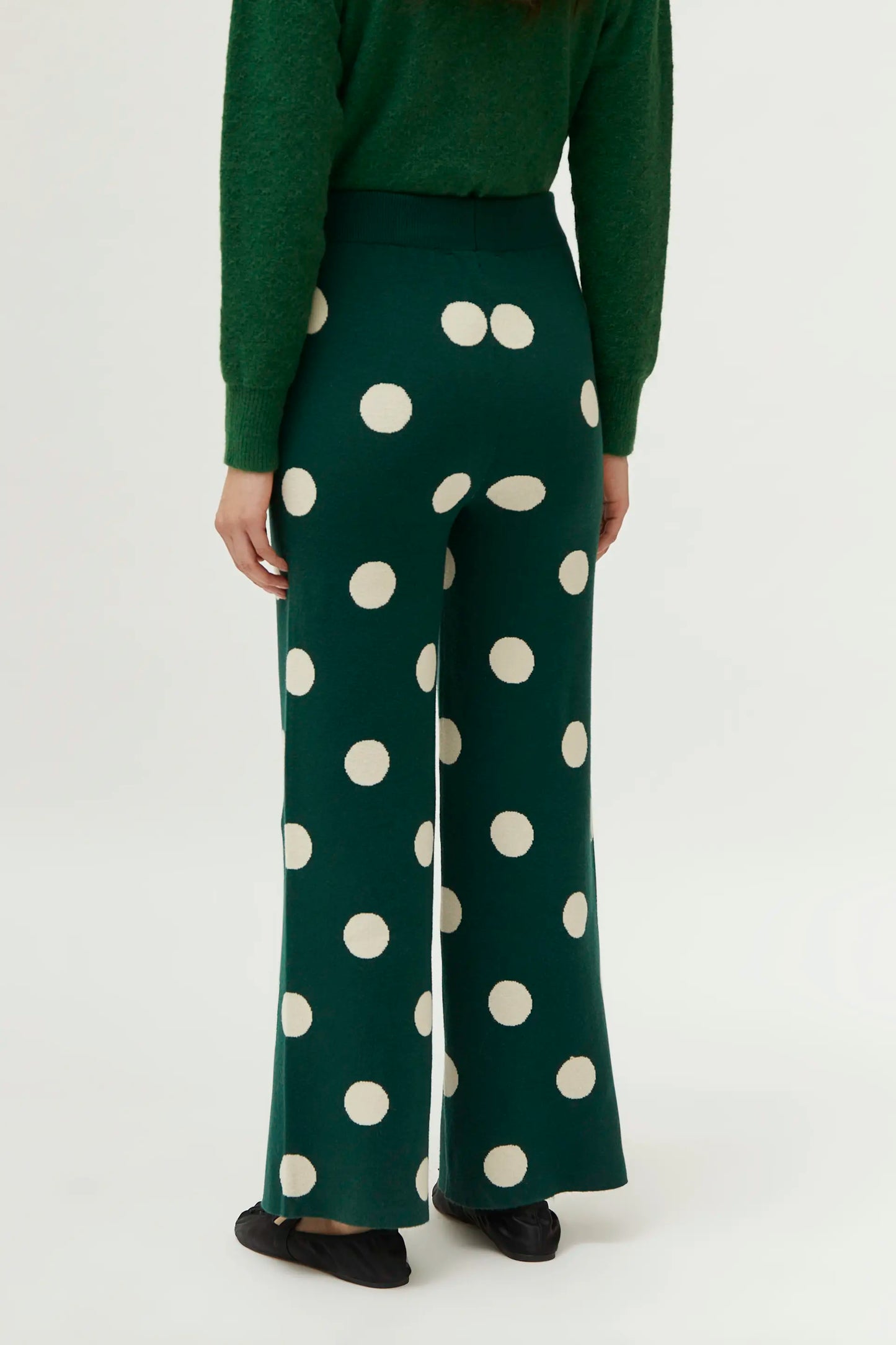 White polka dot printed jacquard knit pants