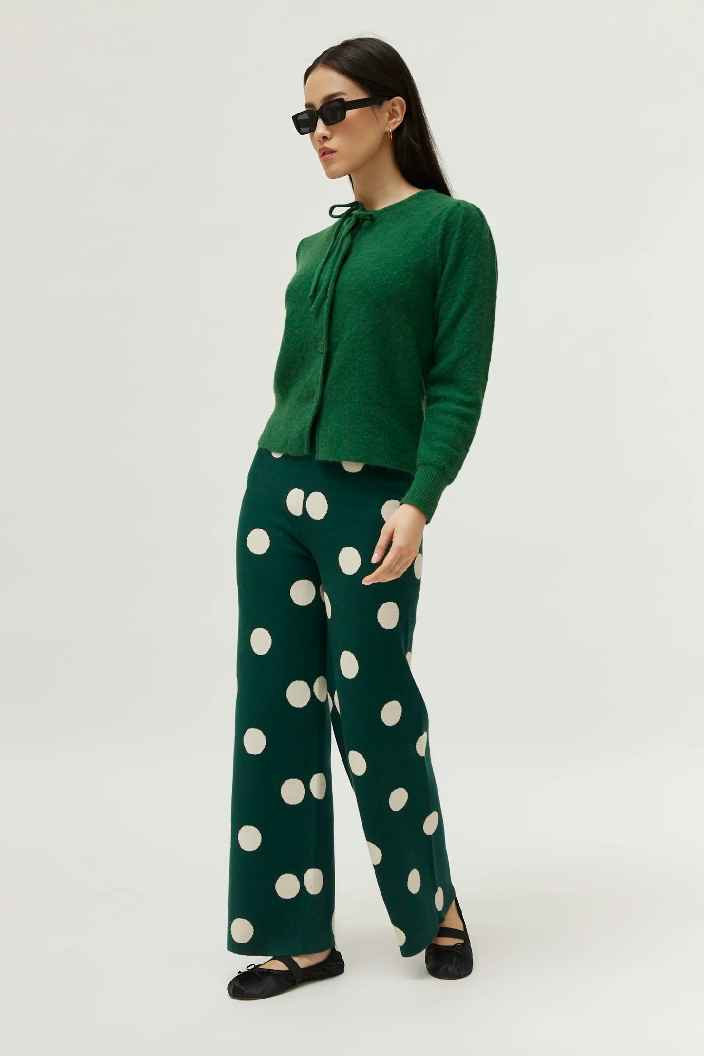 White polka dot printed jacquard knit pants