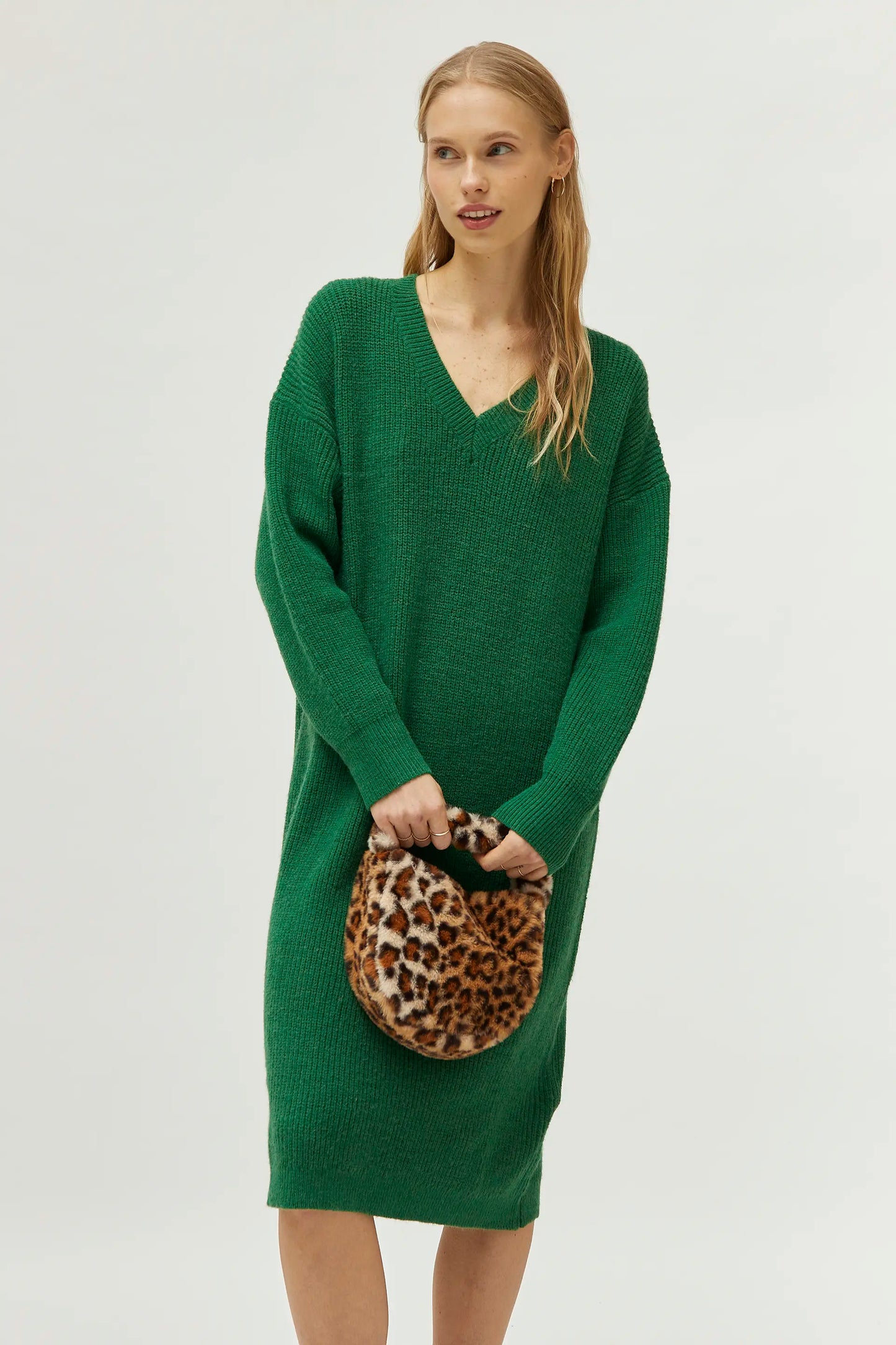 Green V-neck midi dress