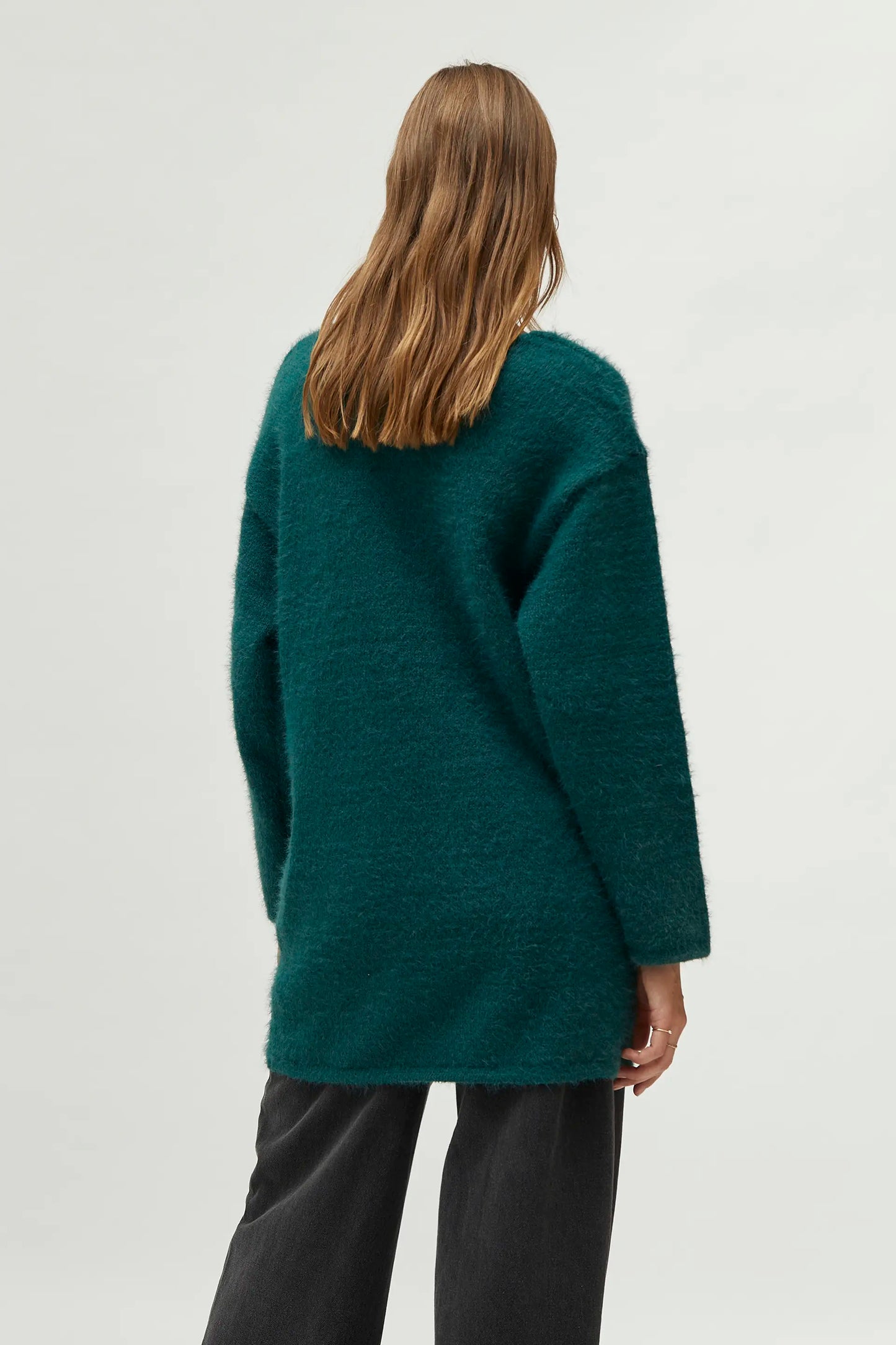 Long green v-neck sweater