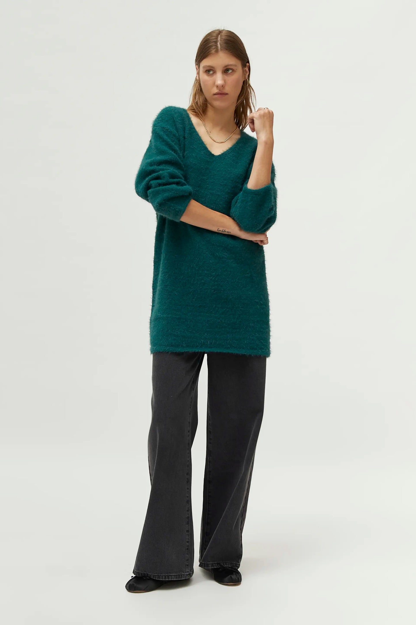 Long green v-neck sweater