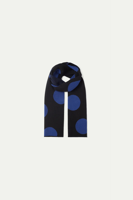 Blue polka dot printed jacquard knit scarf